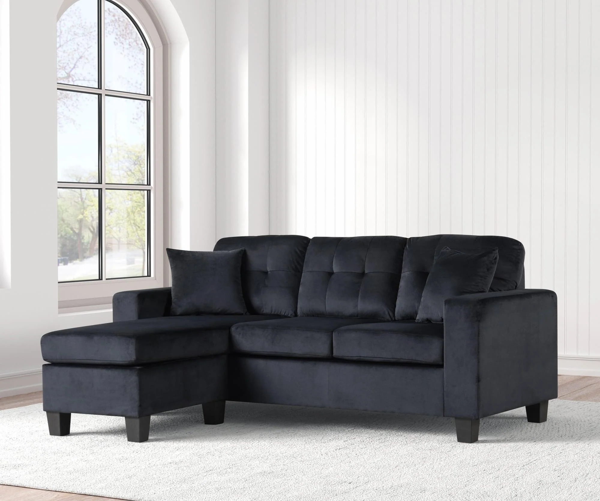 Cris Black Velvet Upholstered Tufted Reversible Sectional - Image 1