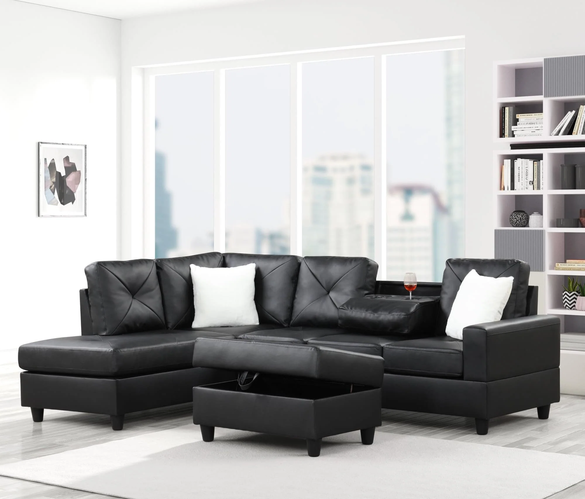 Rocket Black PU Reversible Sectional with Ottoman - Image 1