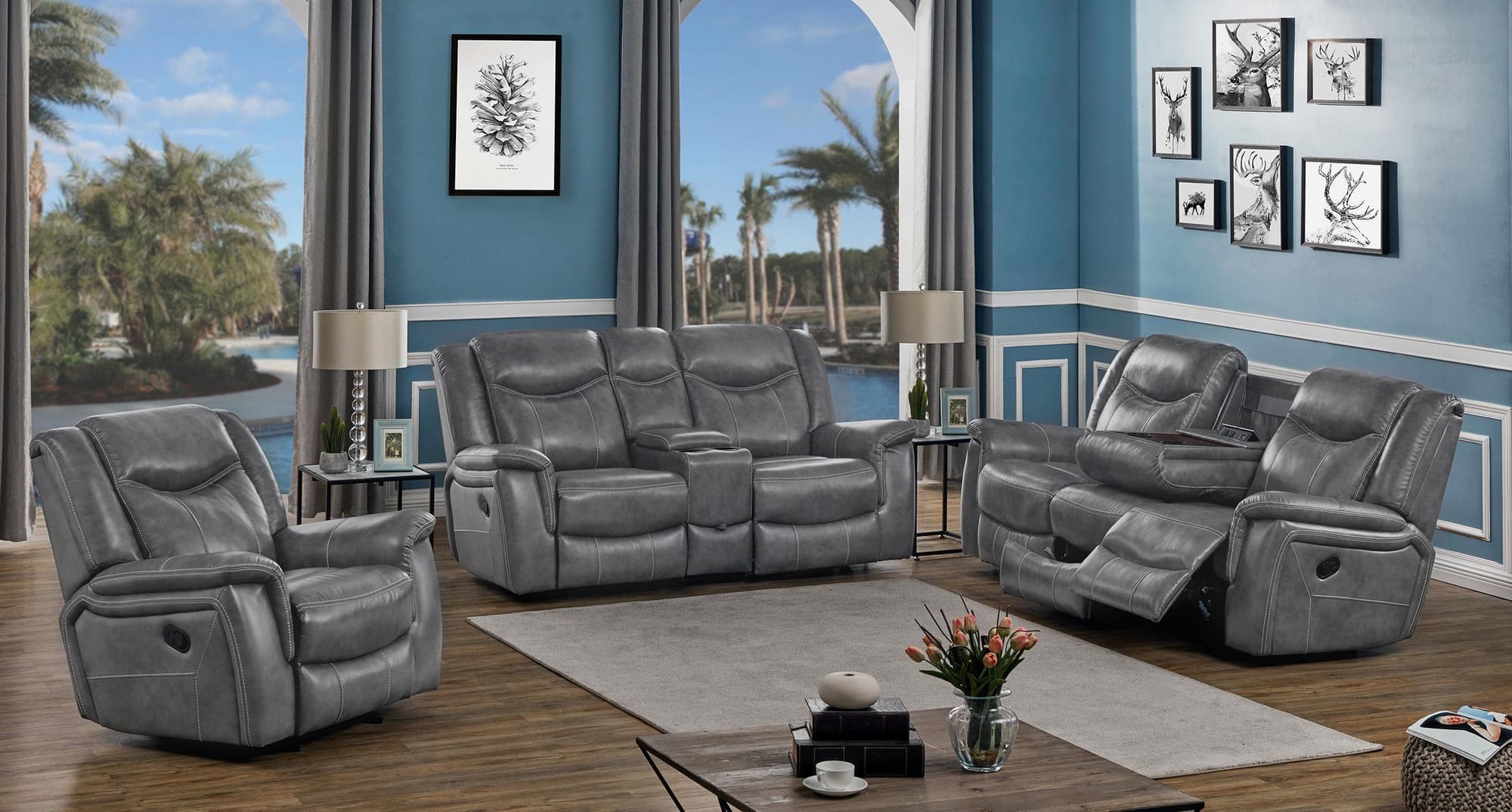 Conrad 3-Piece Upholstered Padded Arm Motion Sofa Set Grey - Image 1