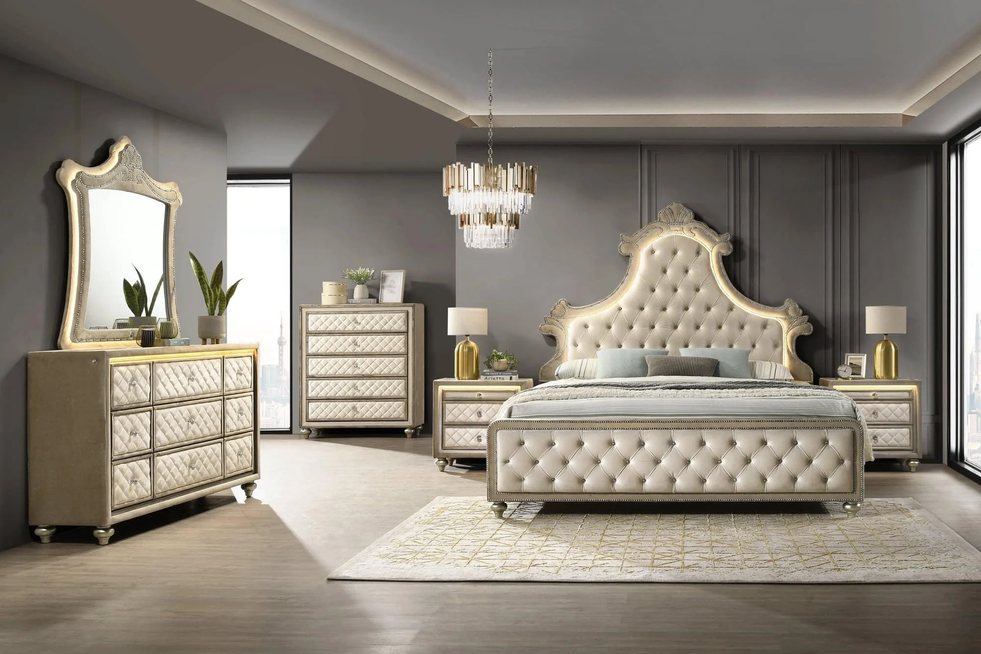 Majesty Beige LED Upholstered Tufted Panel Bedroom Set - Image 1