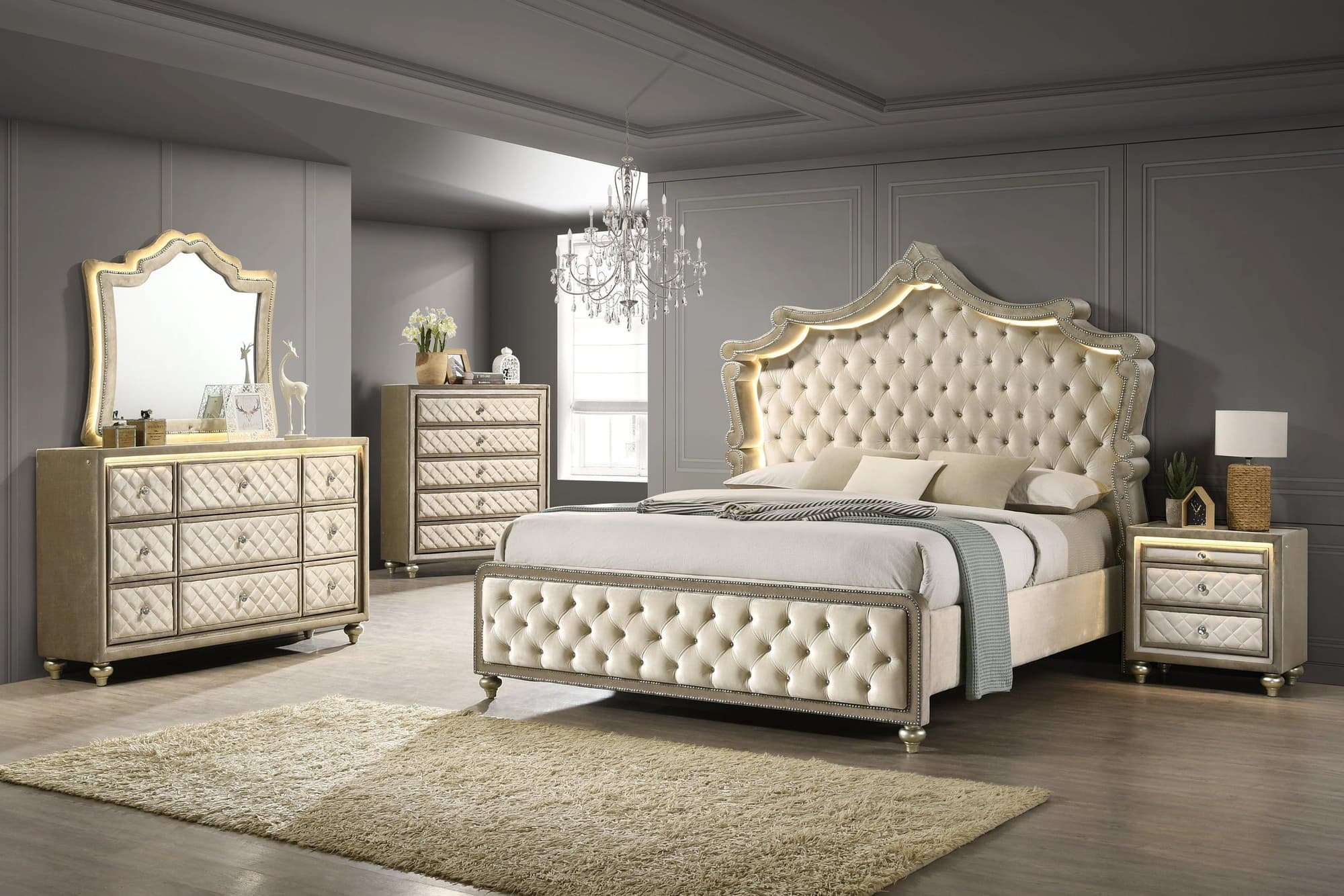Kingdom Beige LED Upholstered Tufted Panel Bedroom Set - Image 1