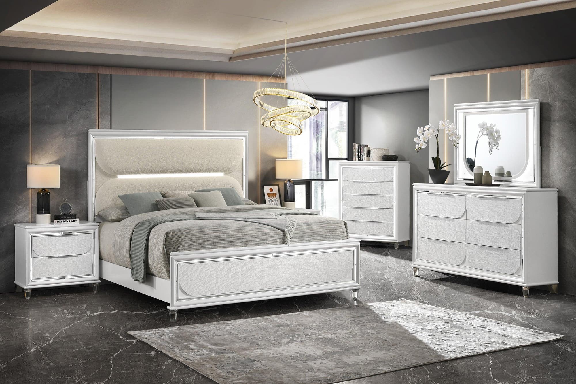 Eden White Velvet Upholstered LED Bedroom Set - Image 1