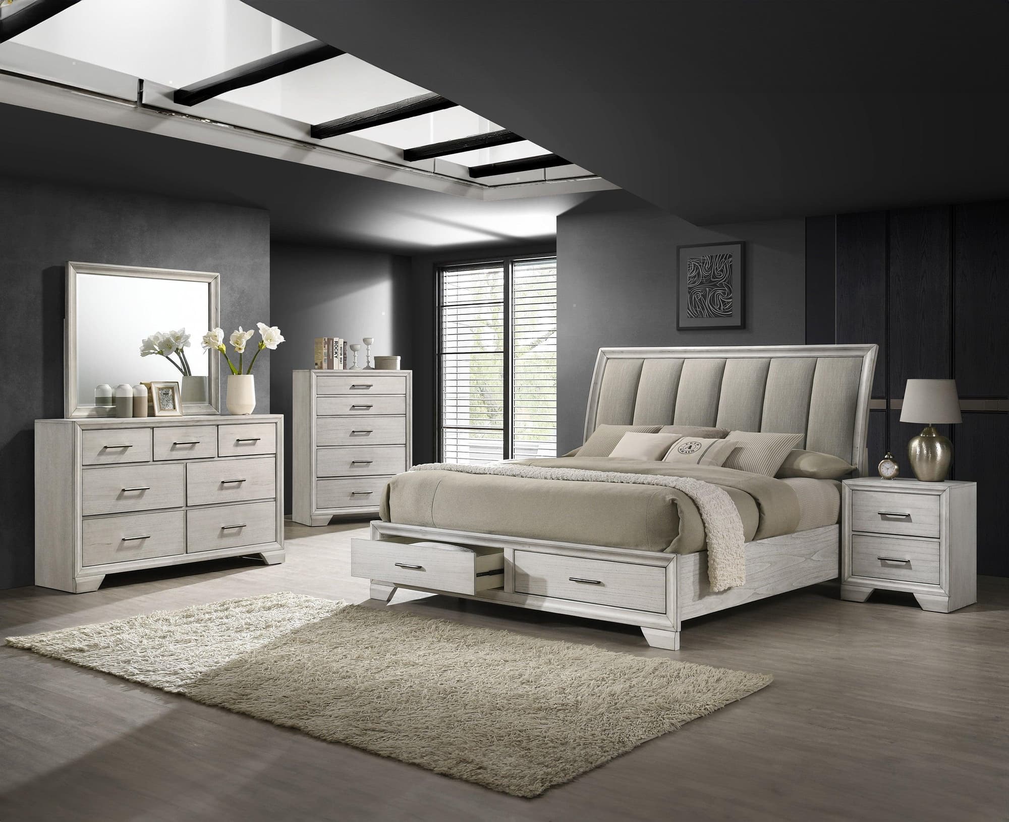 Jaymes White Fabric Upholstered Storage Platform Sleigh Bedroom Set - Image 1