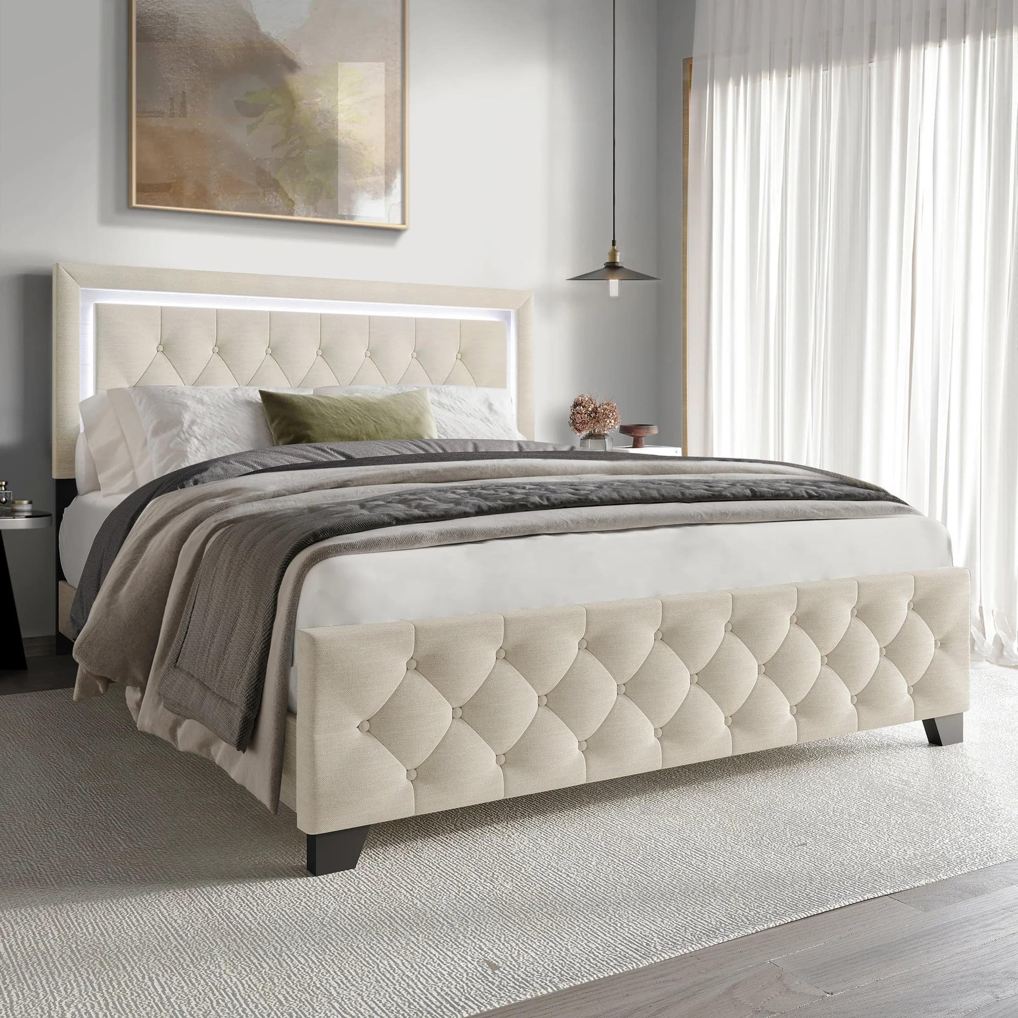 Oluma Beige Upholstered Tufted Panel King Bed - Image 1