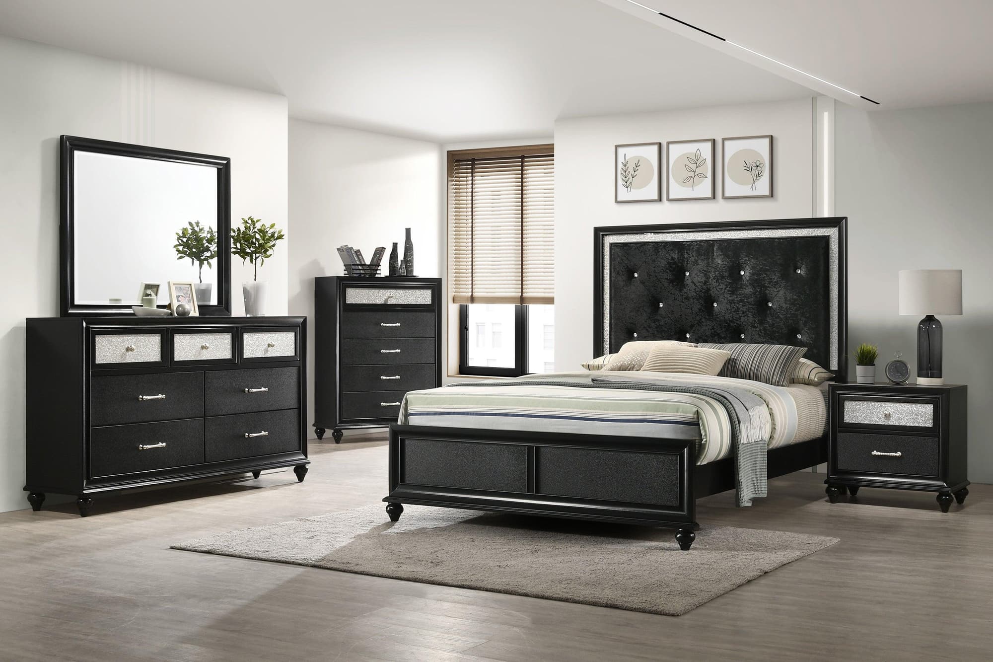 Lila Black Velvet Upholstered Tufted Panel Bedroom Set - Image 1