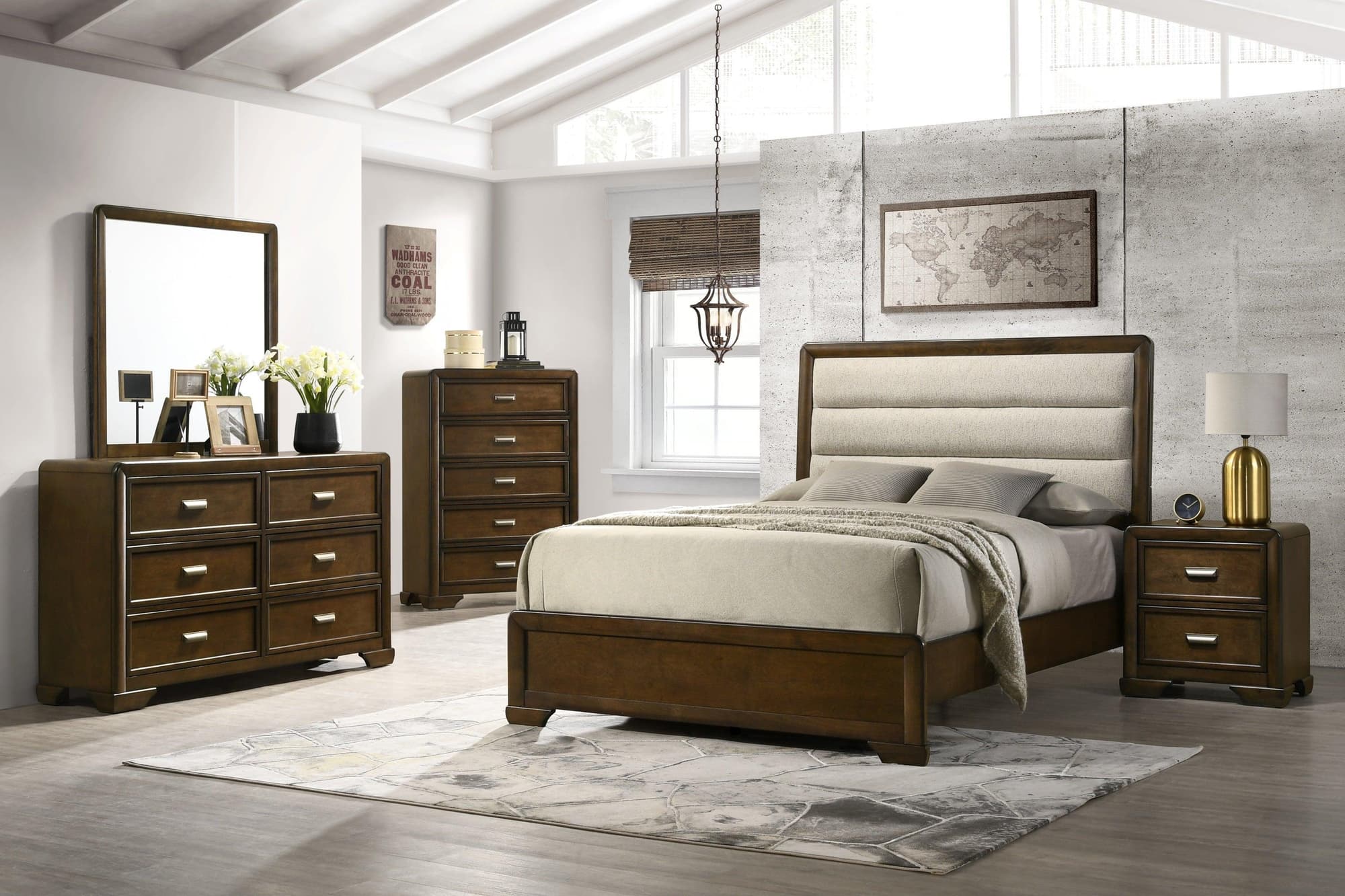 Coffield Brown Fabric Upholstered Panel Bedroom Set - Image 1