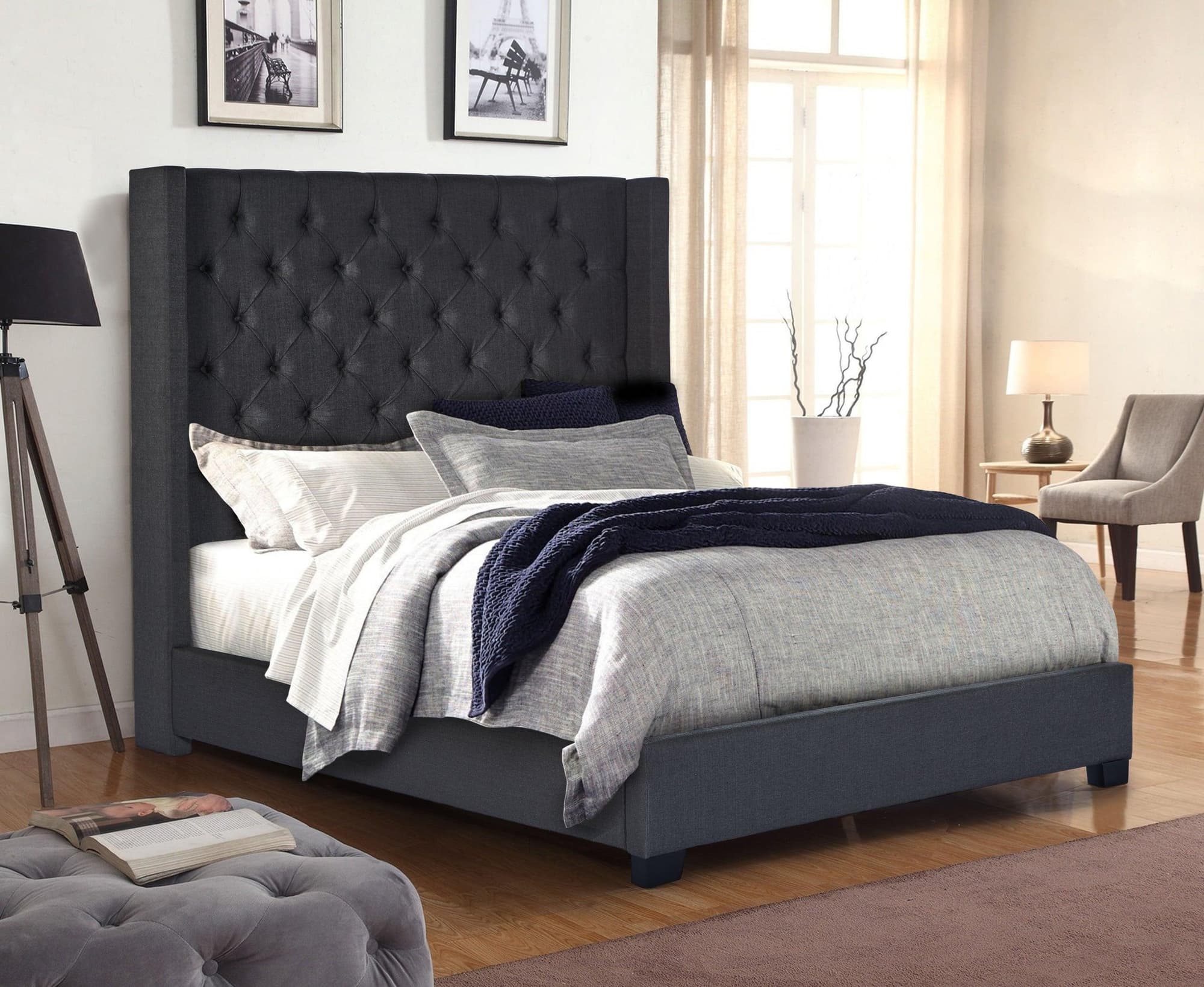 Hunni Charcoal Upholstered Tufted Queen Bed - Image 1