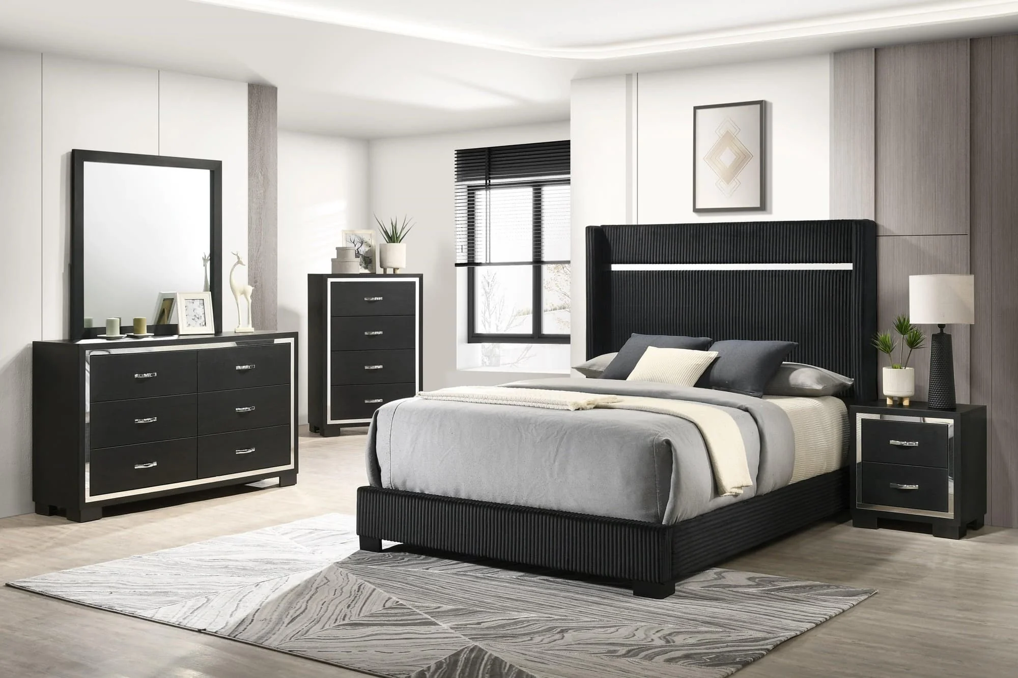 Gennro Black Velvet Upholstered Bedroom Set - Image 1
