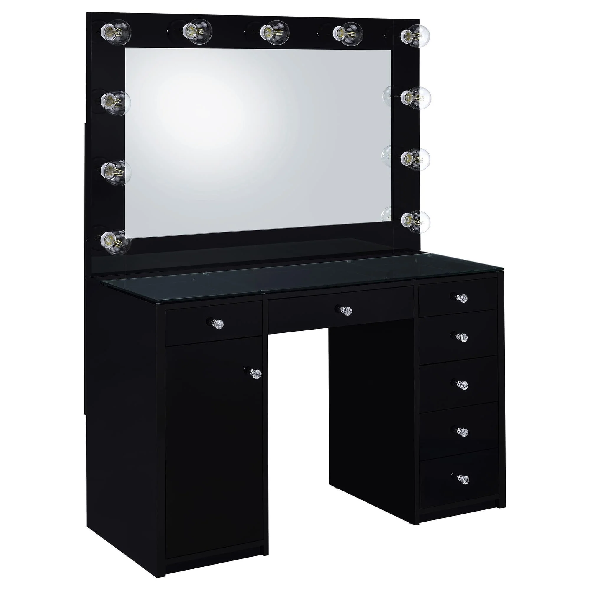 Acena 7 Drawer Vanity Set With Lighting Black High Gloss