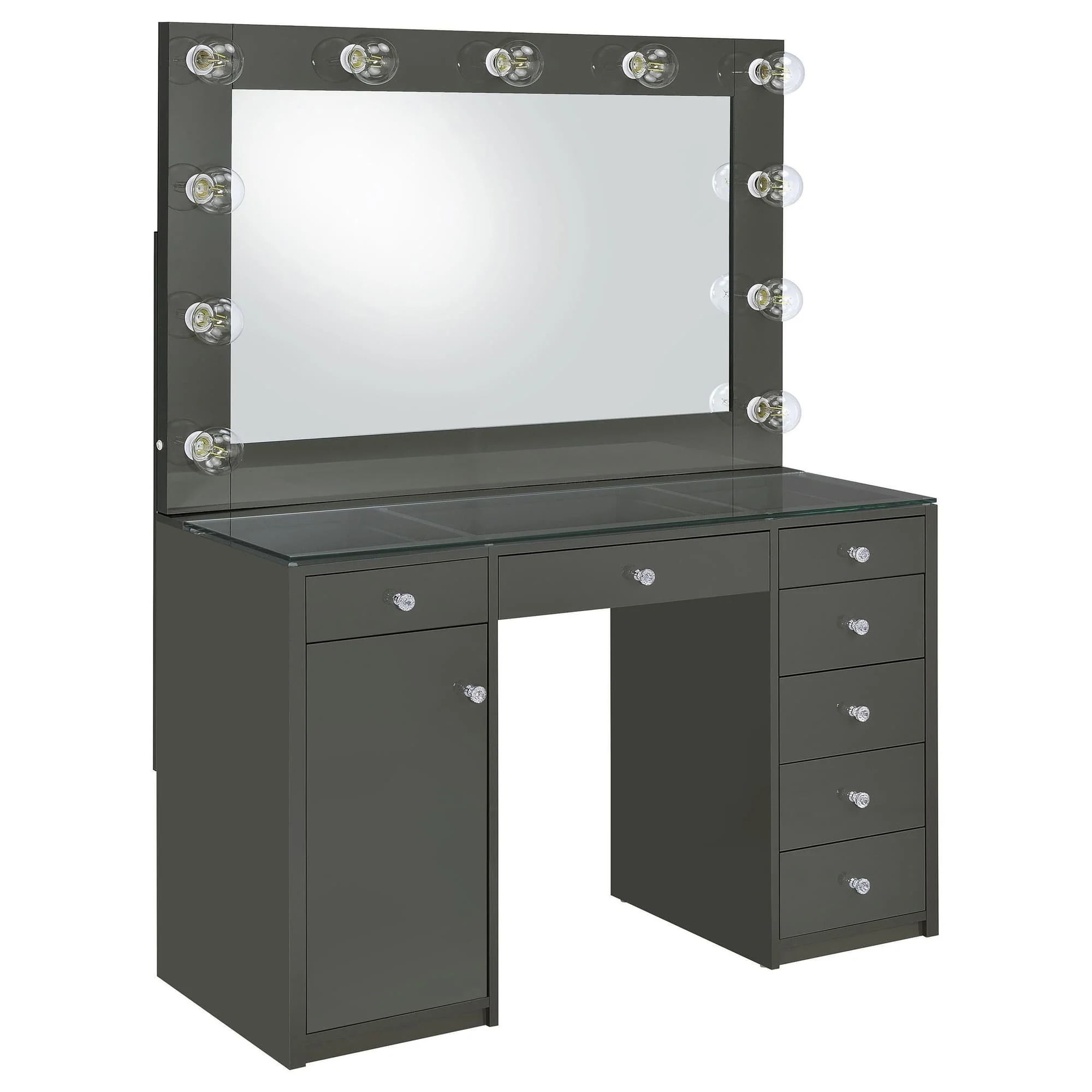 Acena 7 Drawer Vanity Set With Lighting Gray High Gloss