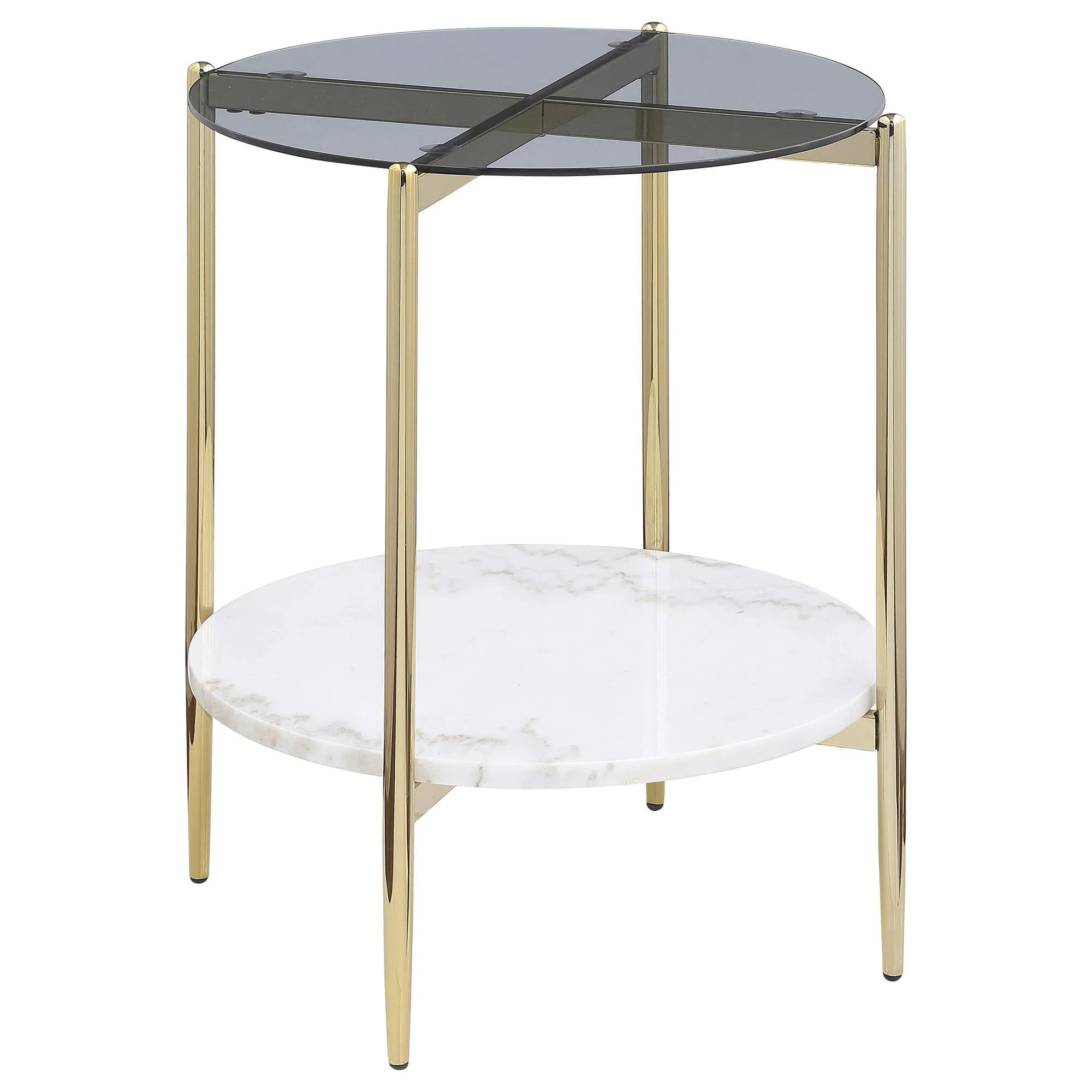 Jonelle Round Glass Top End Table White Marble Shelf Gold - Image 1