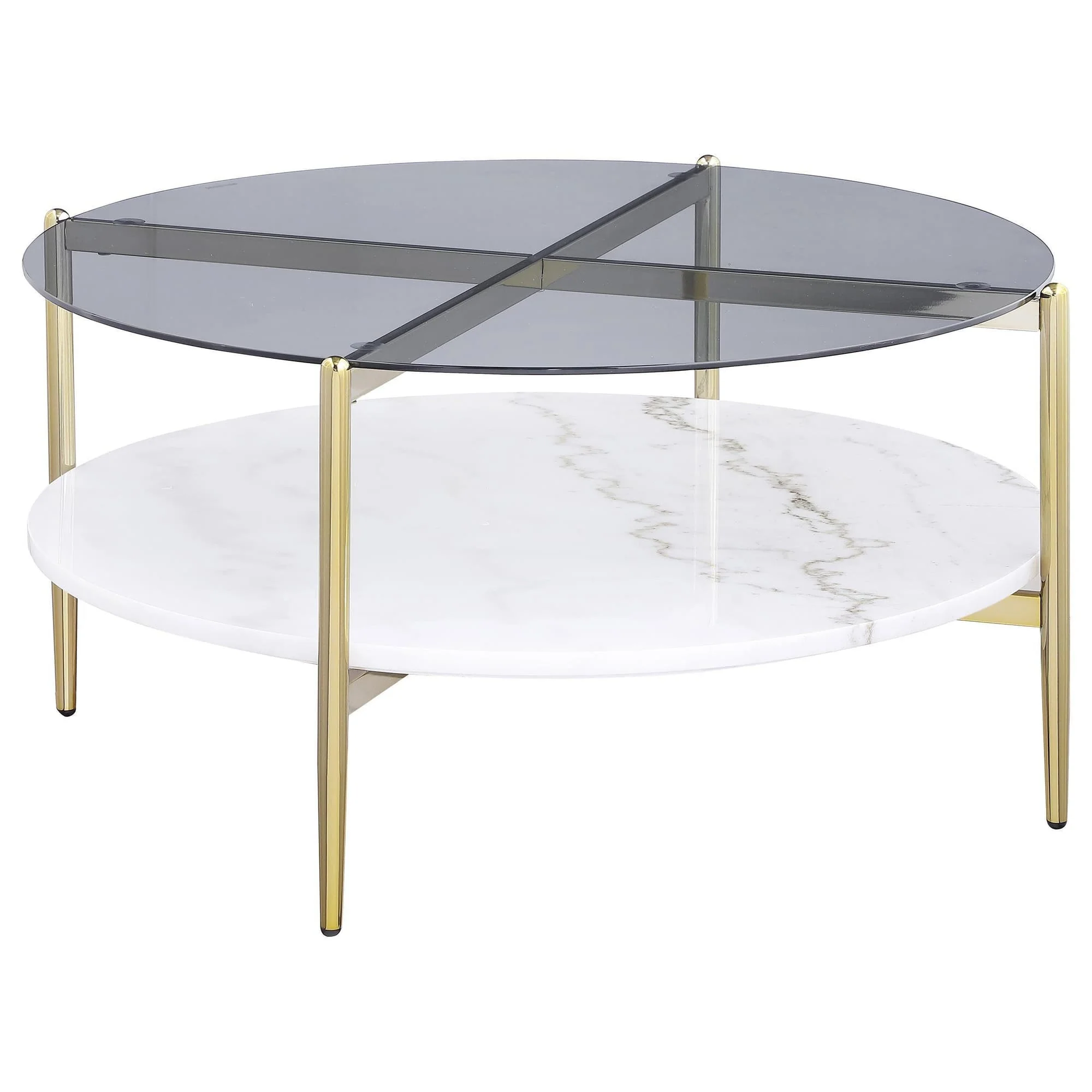 Jonelle Round Glass Top Coffee Table White Marble Shelf Gold - Image 1