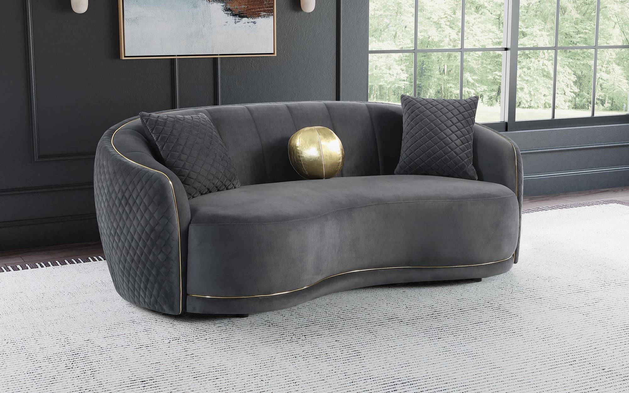 Brookside Velvet Upholstered Curved Sofa Dark Grey - Image 1