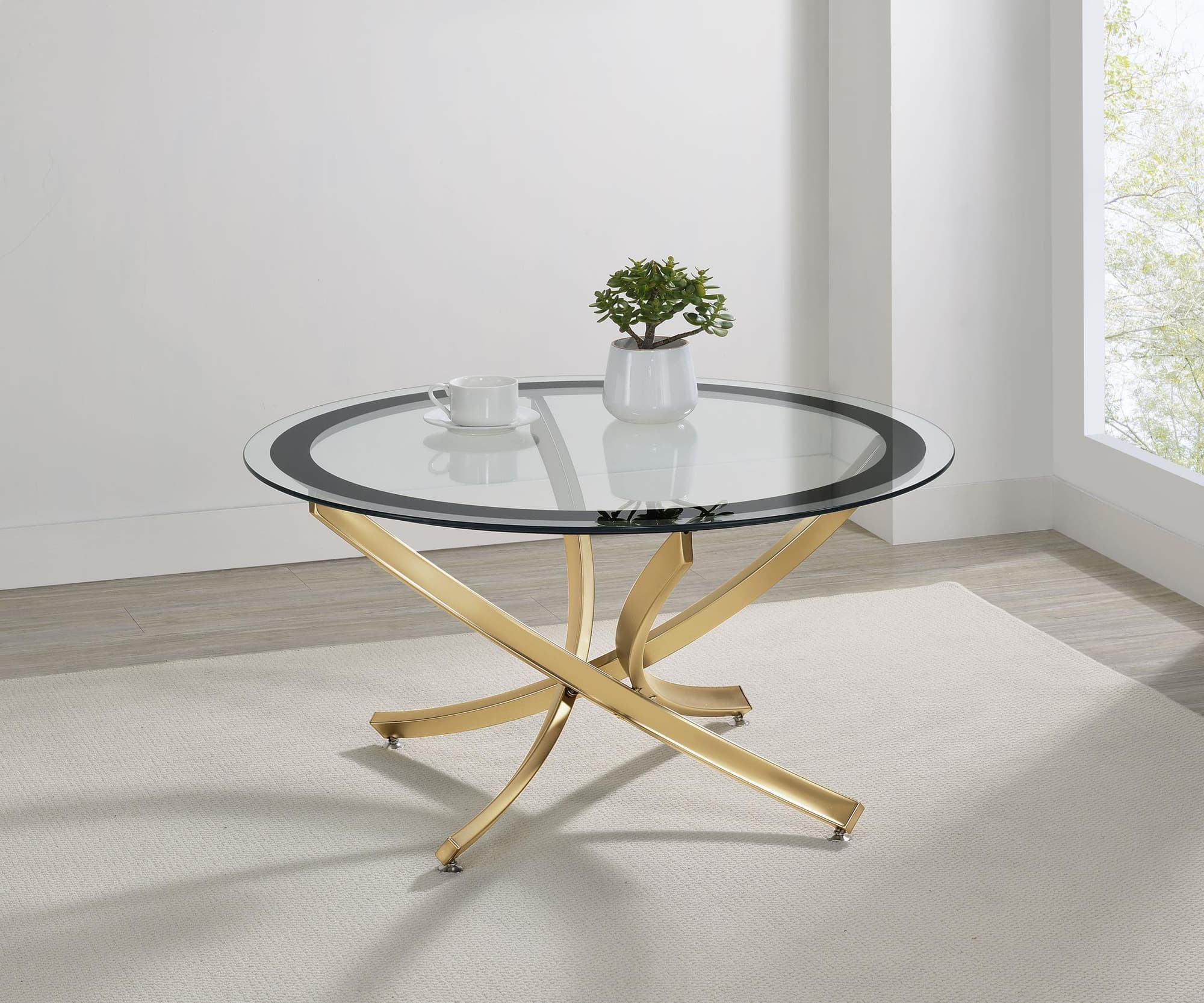 Brooke Round Glass Top Coffee Table Metal Base Brass - Image 1