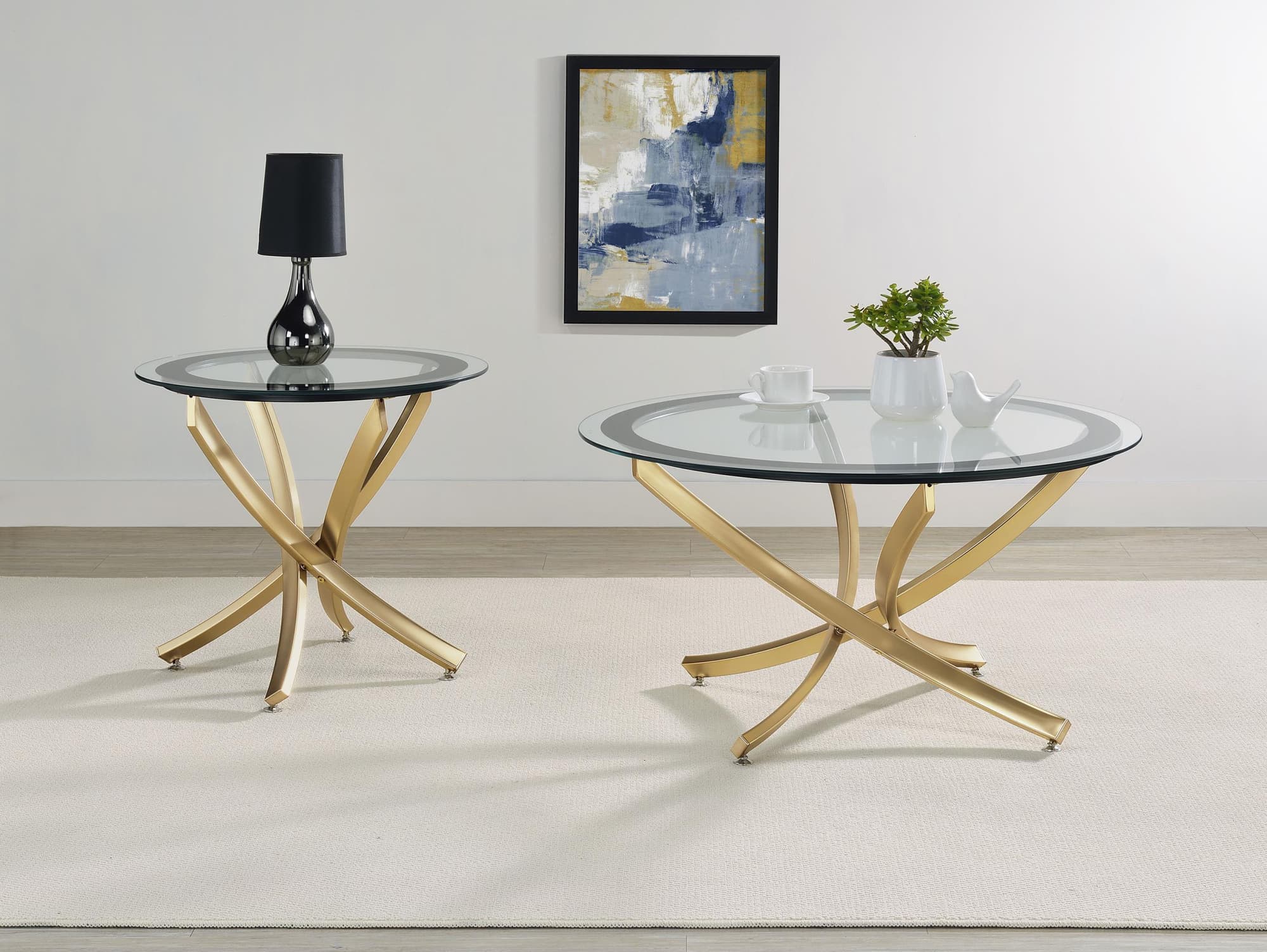 Brooke 2-Piece Round Glass Top Coffee Table Set Brass