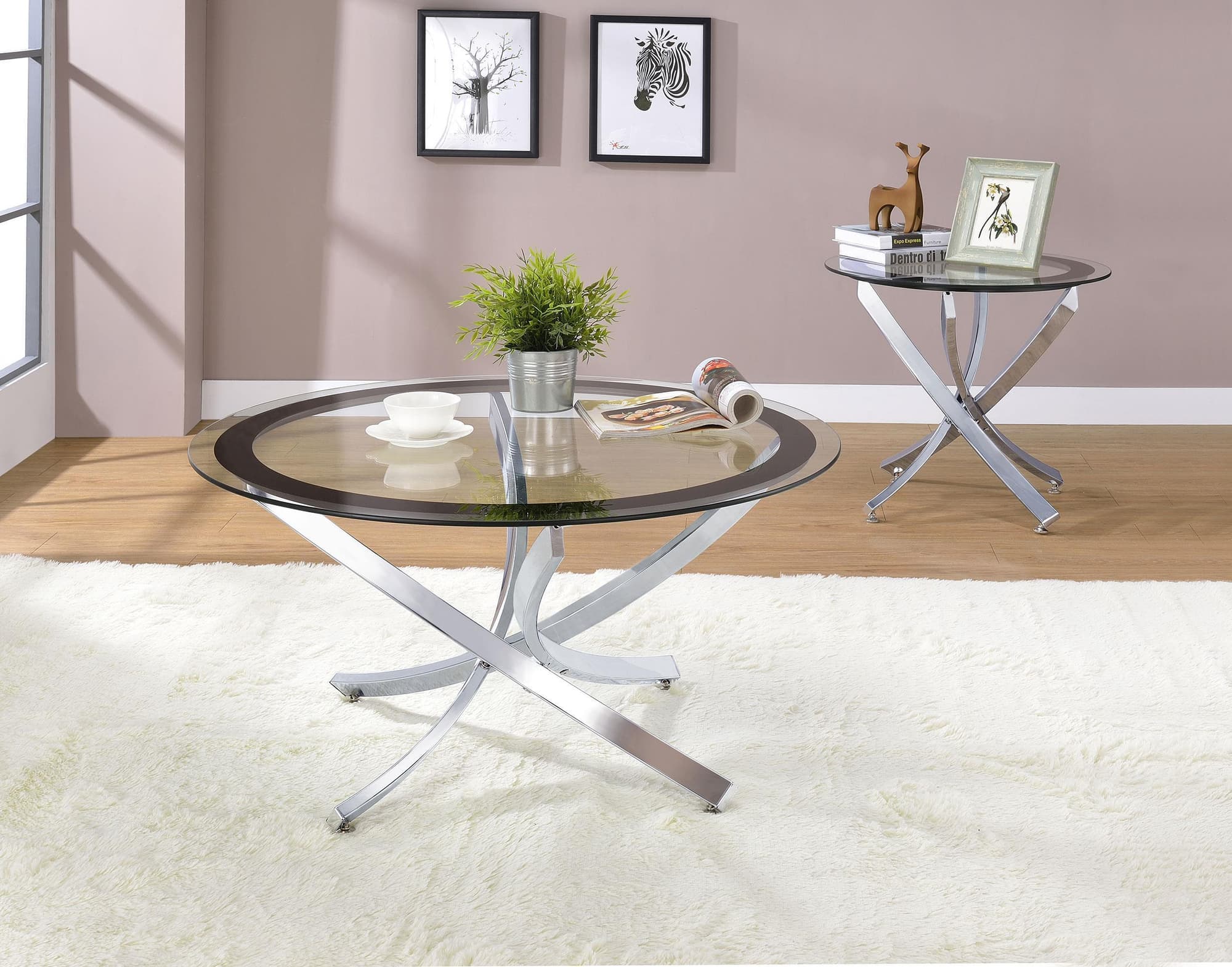 Brooke 2-Piece Round Glass Top Coffee Table Set Chrome
