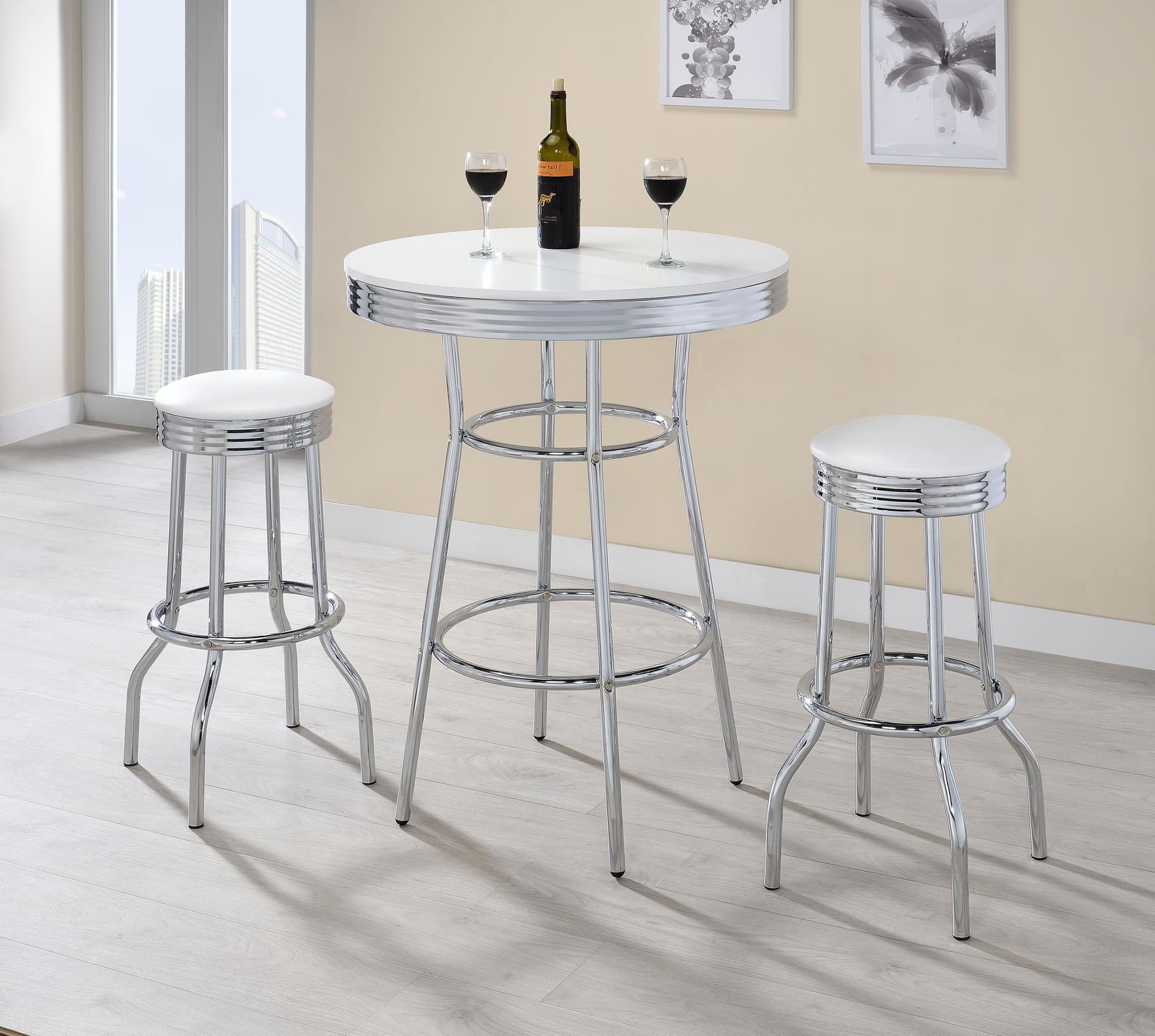Retro Chrome 3-Piece Round 1950s Bistro Pub Bar Table Set White