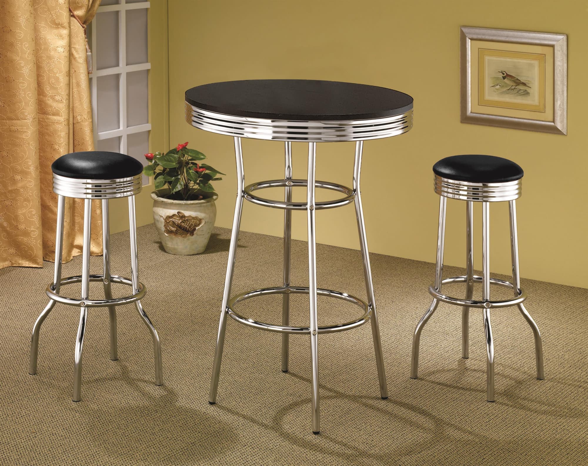 Retro Chrome 3-Piece Round 1950s Bistro Pub Bar Table Set Black