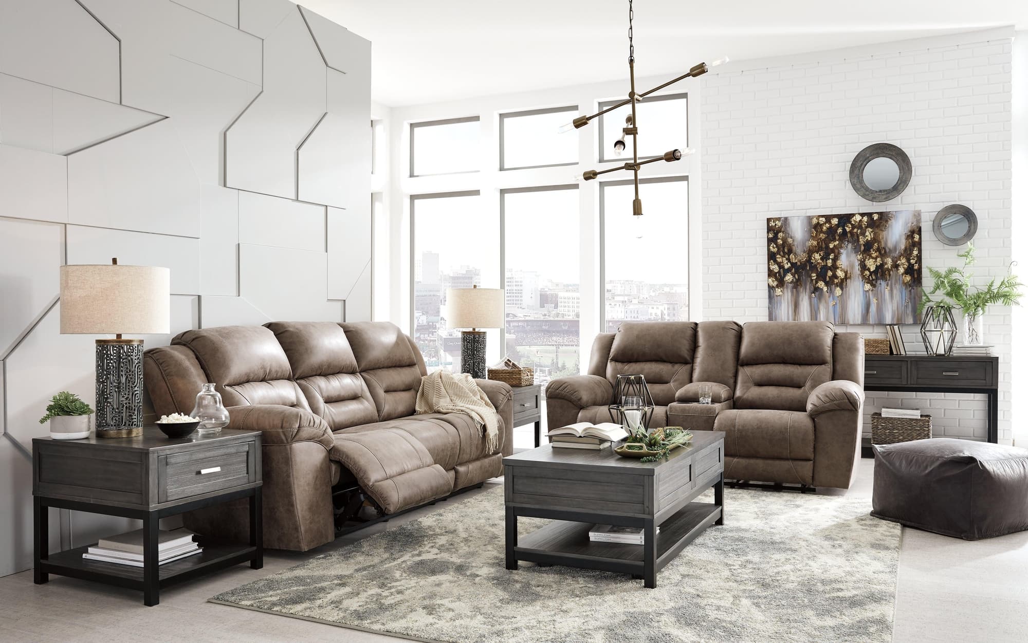 Stoneland Chocolate Faux Leather Reclining Loveseat With Console - Image 1