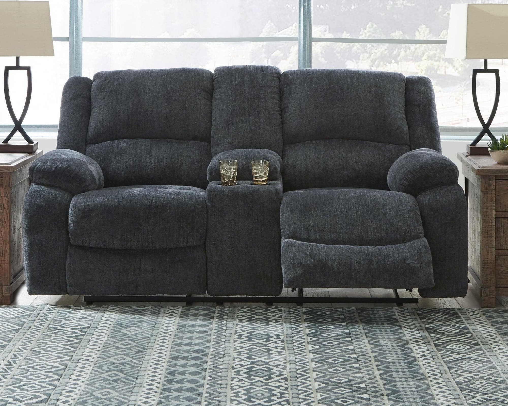 Draycoll Slate Chenille Reclining Loveseat With Console - Image 1