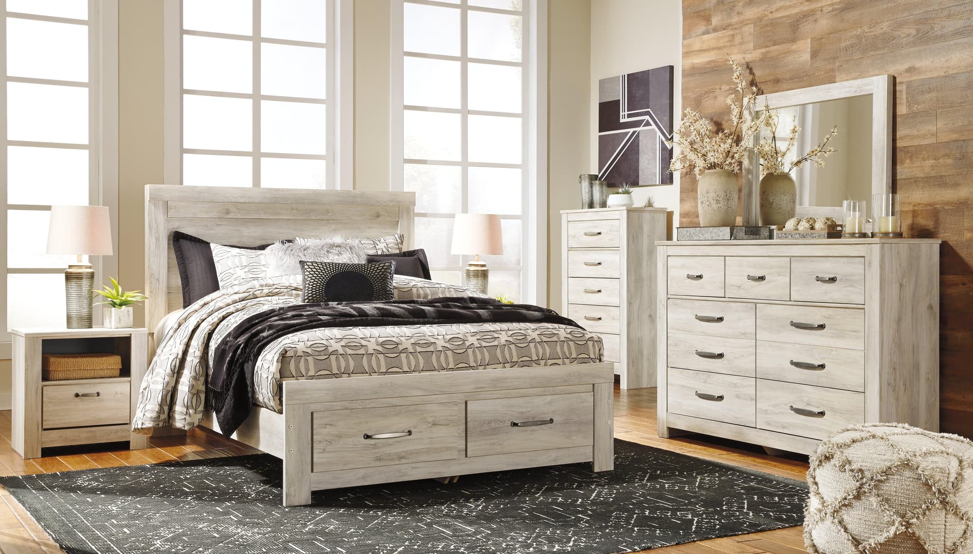 Bellaby Whitewash Queen Platform Bed With 2 Storage Drawers - Image 1