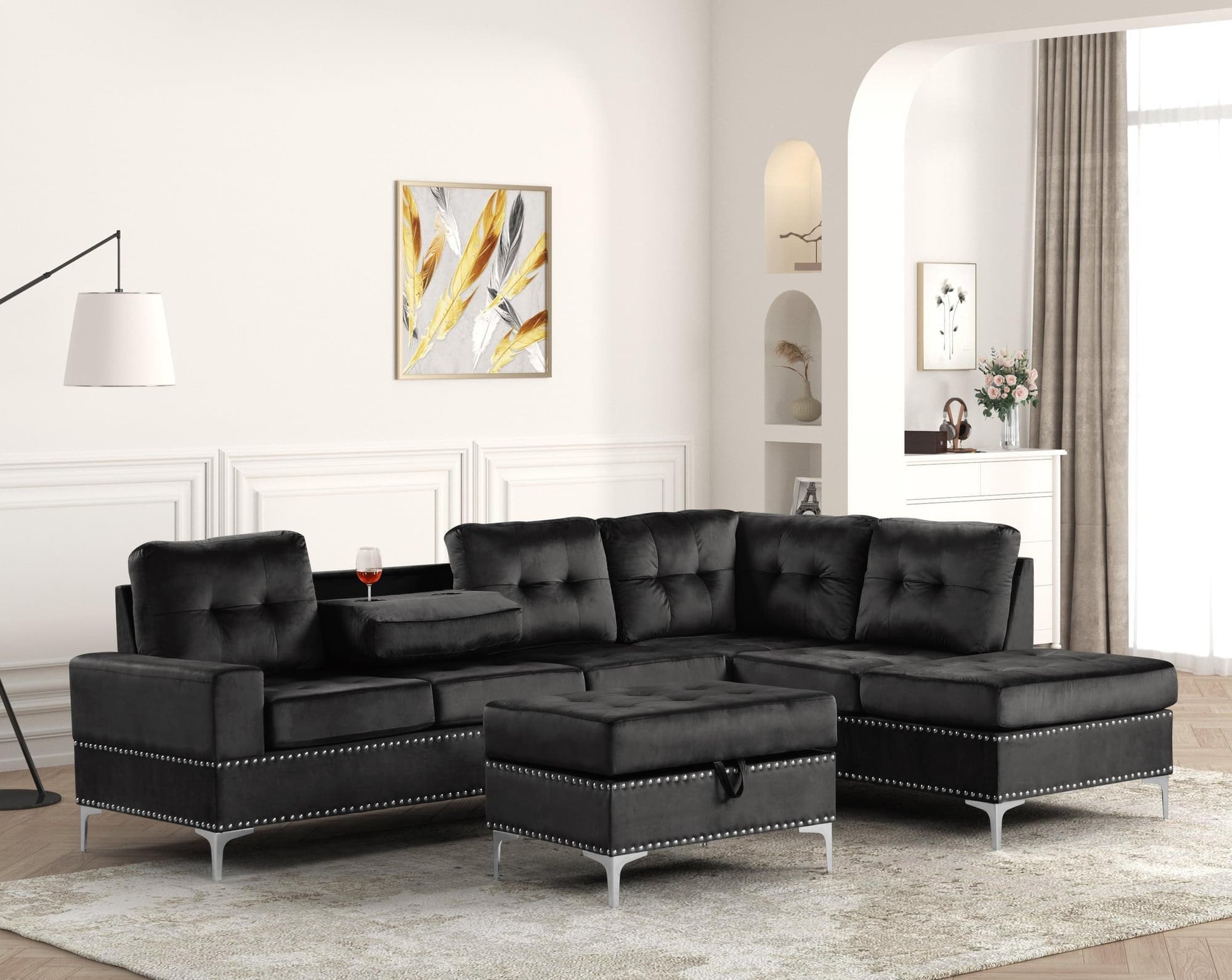 Anserra Black Reversible Sectional + Ottoman Set - Image 1