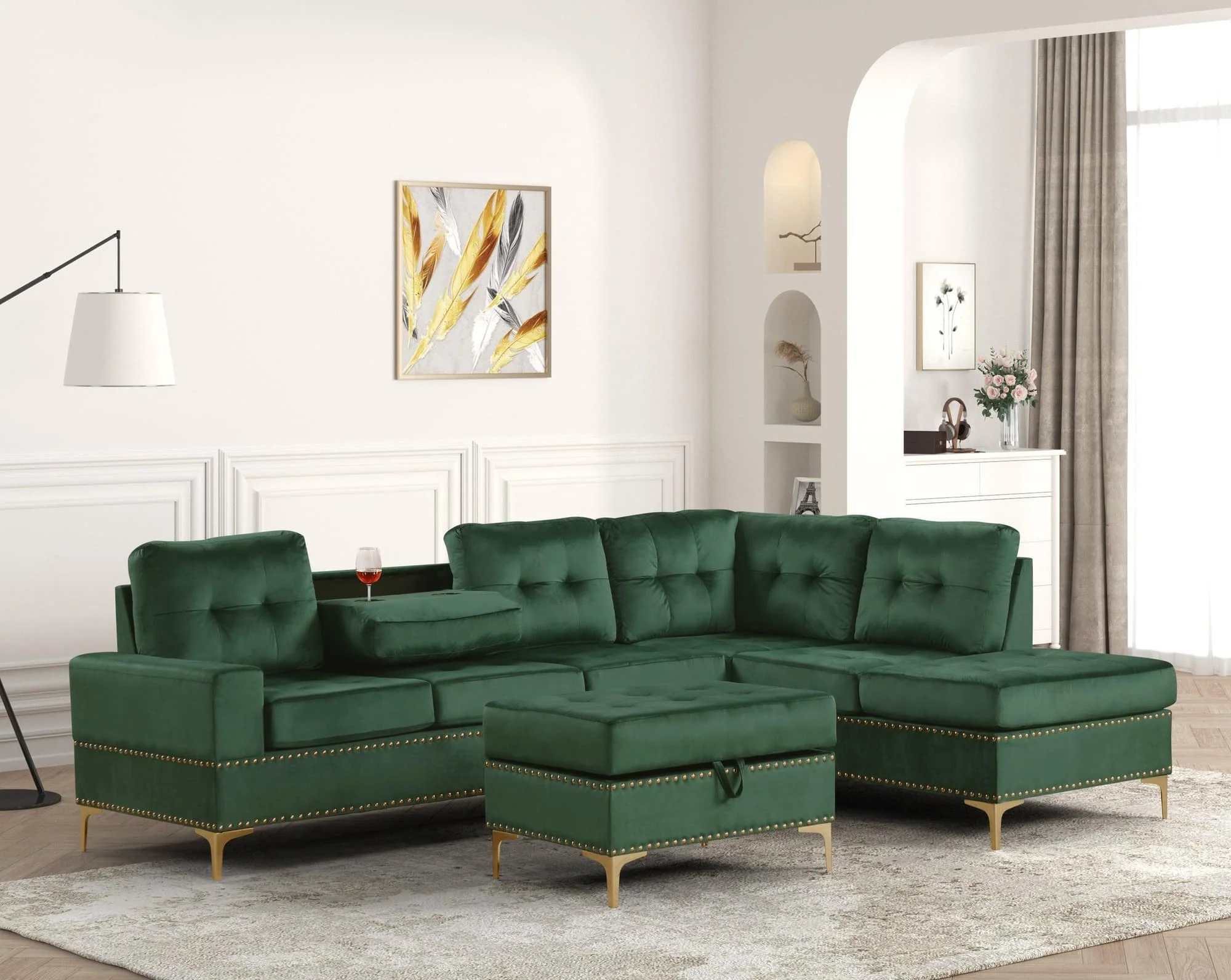 Anserra Green Reversible Sectional + Ottoman Set - Image 1