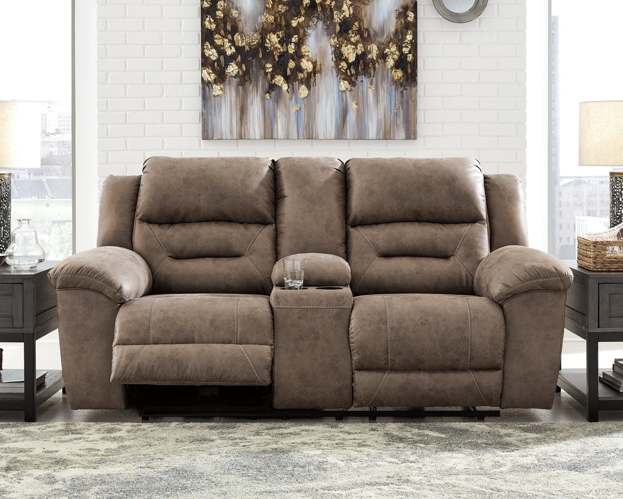 Stoneland Fossil Faux Leather Power Reclining Loveseat With Console - Image 1