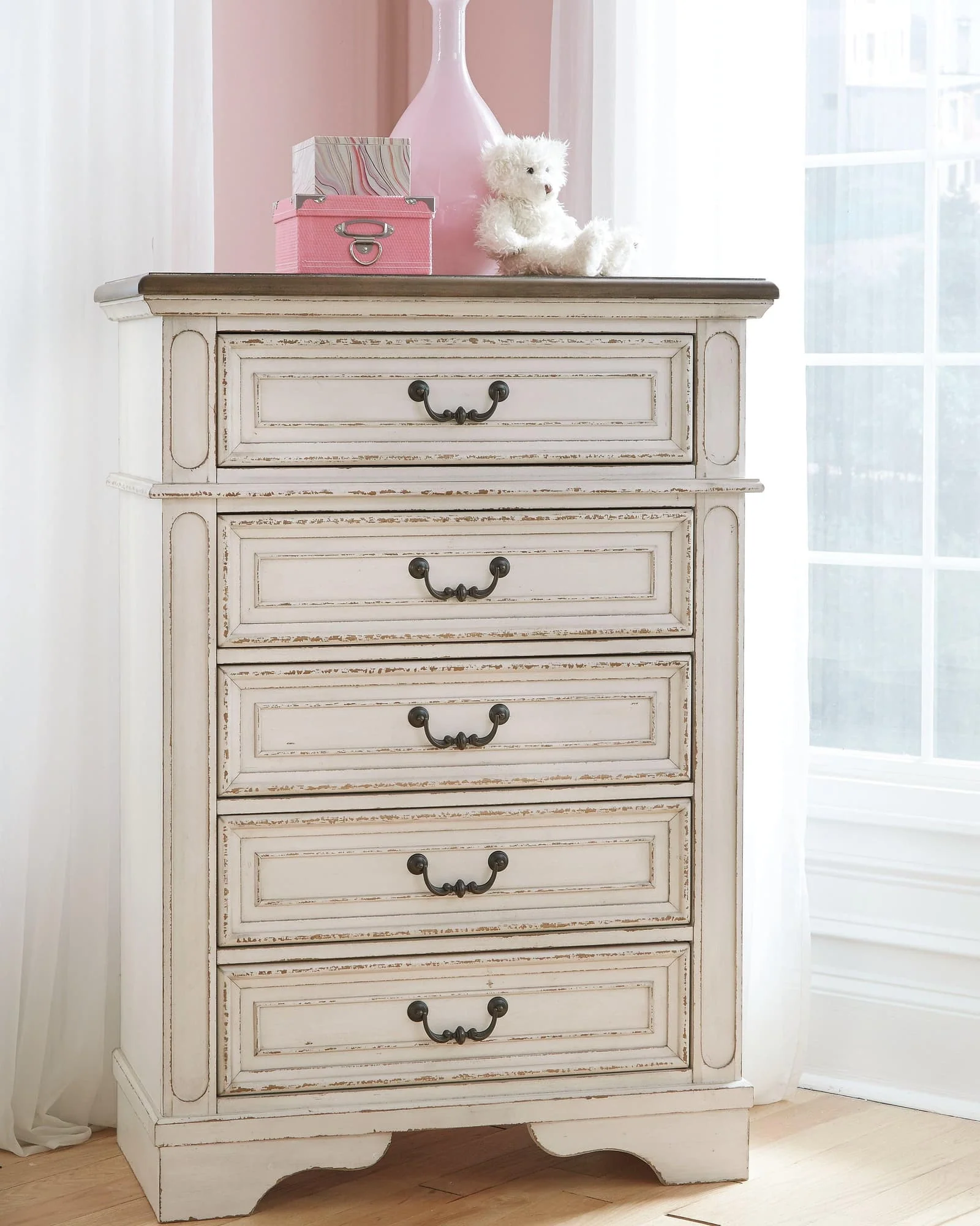 Realyn Chipped White Chest Of Drawers - Image 1