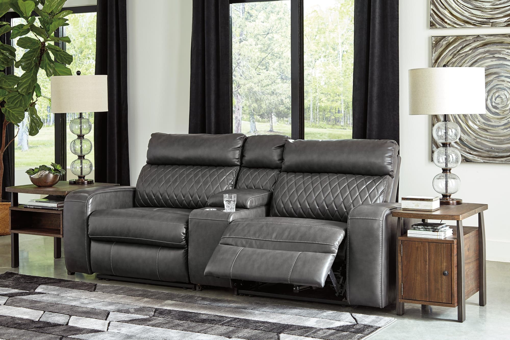 Samperstone Gray Faux Leather 3-Piece Power Reclining Sectional - Image 1