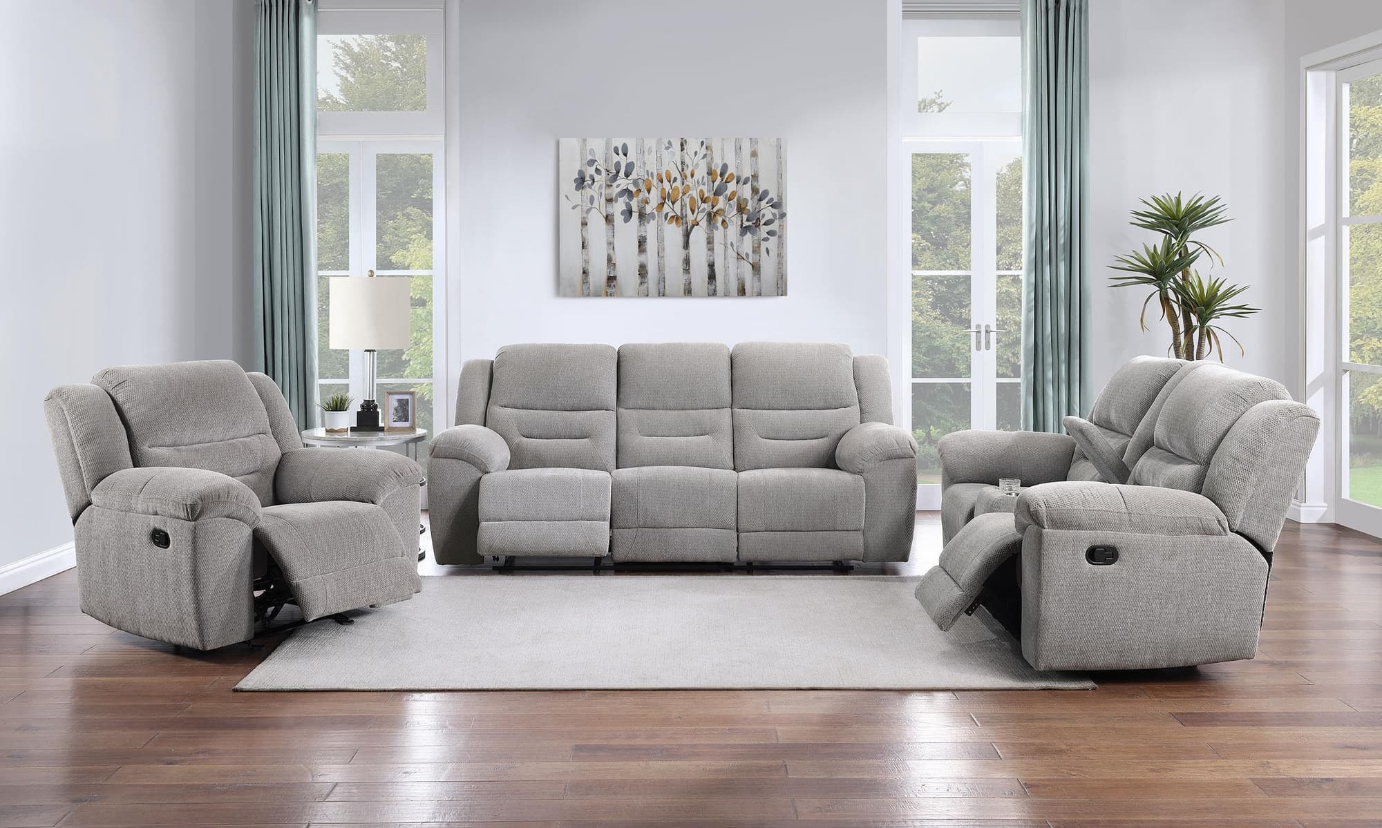 Grimm Gray Reclining Sofa Loveseat Recliner - Image 1