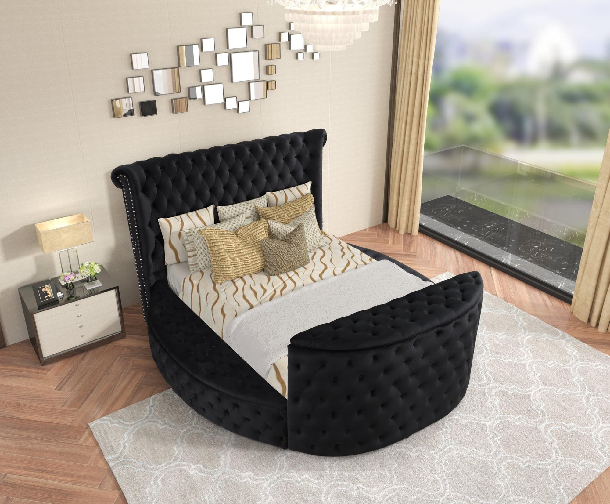Patron Black Platform Queen Bed w Fireplace - Image 1
