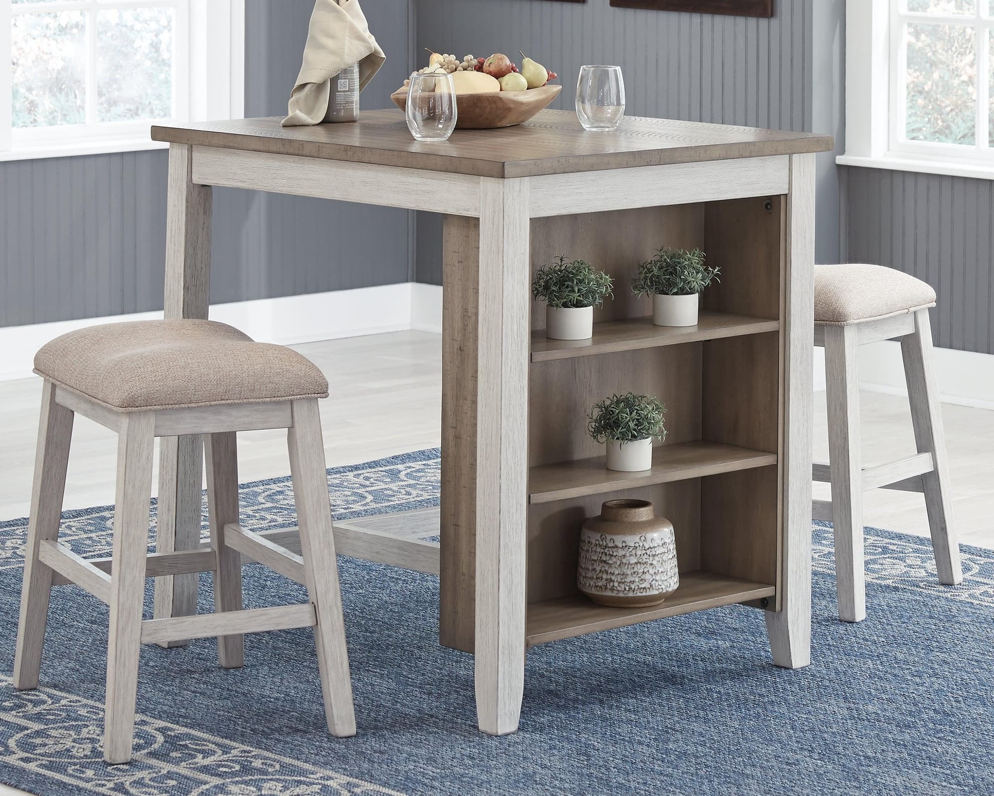 Skempton White Light Brown Counter Height Dining Table And Bar Stools (Set of 3) - Image 1