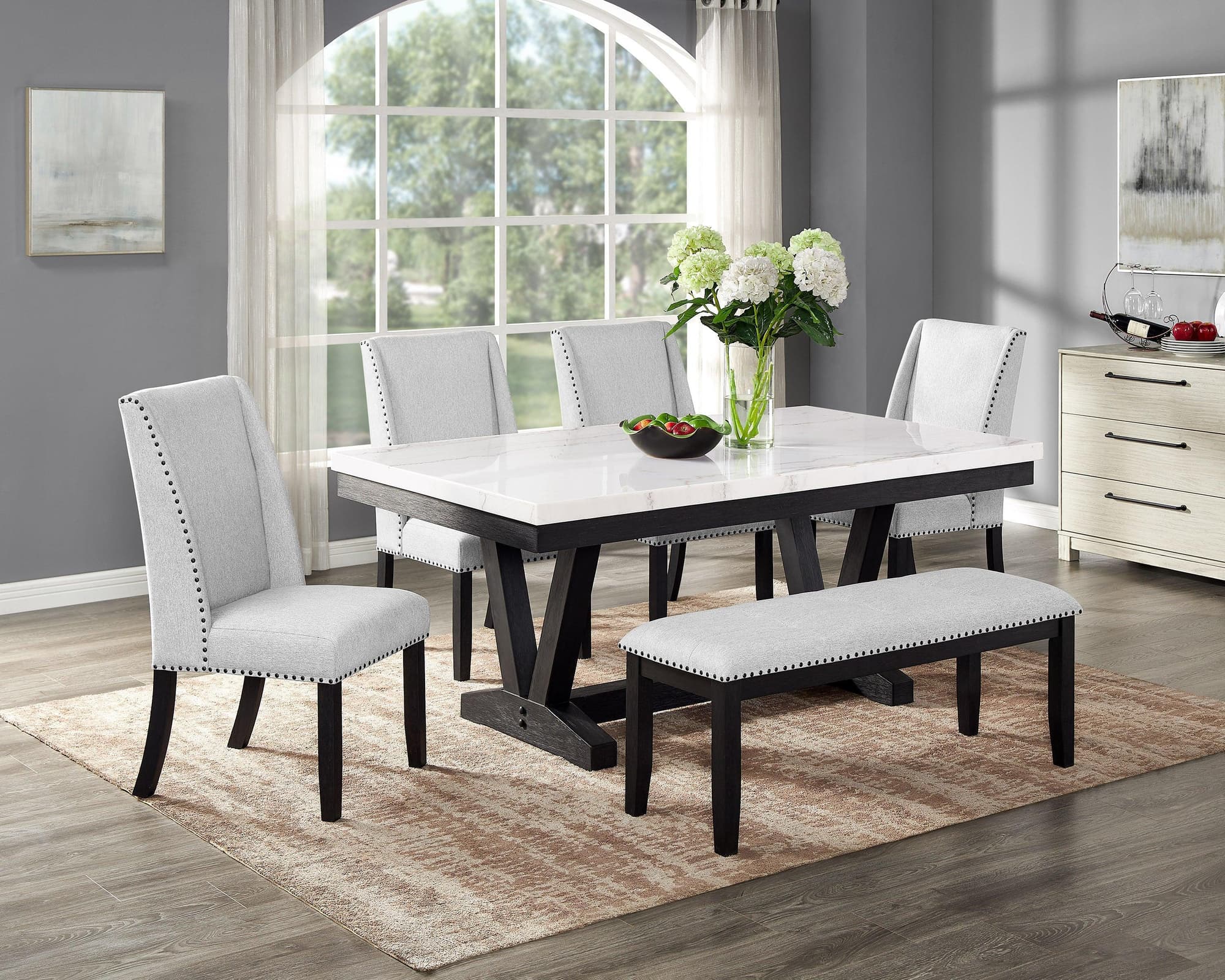 Varley Vance White Marble Top Fabric Upholstered Dining Room Set - Image 1