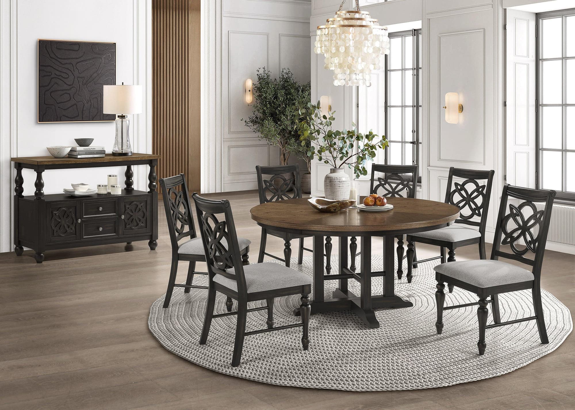 Hilara Brown Gray Fabric Upholstered Round Dining Room Set - Image 1