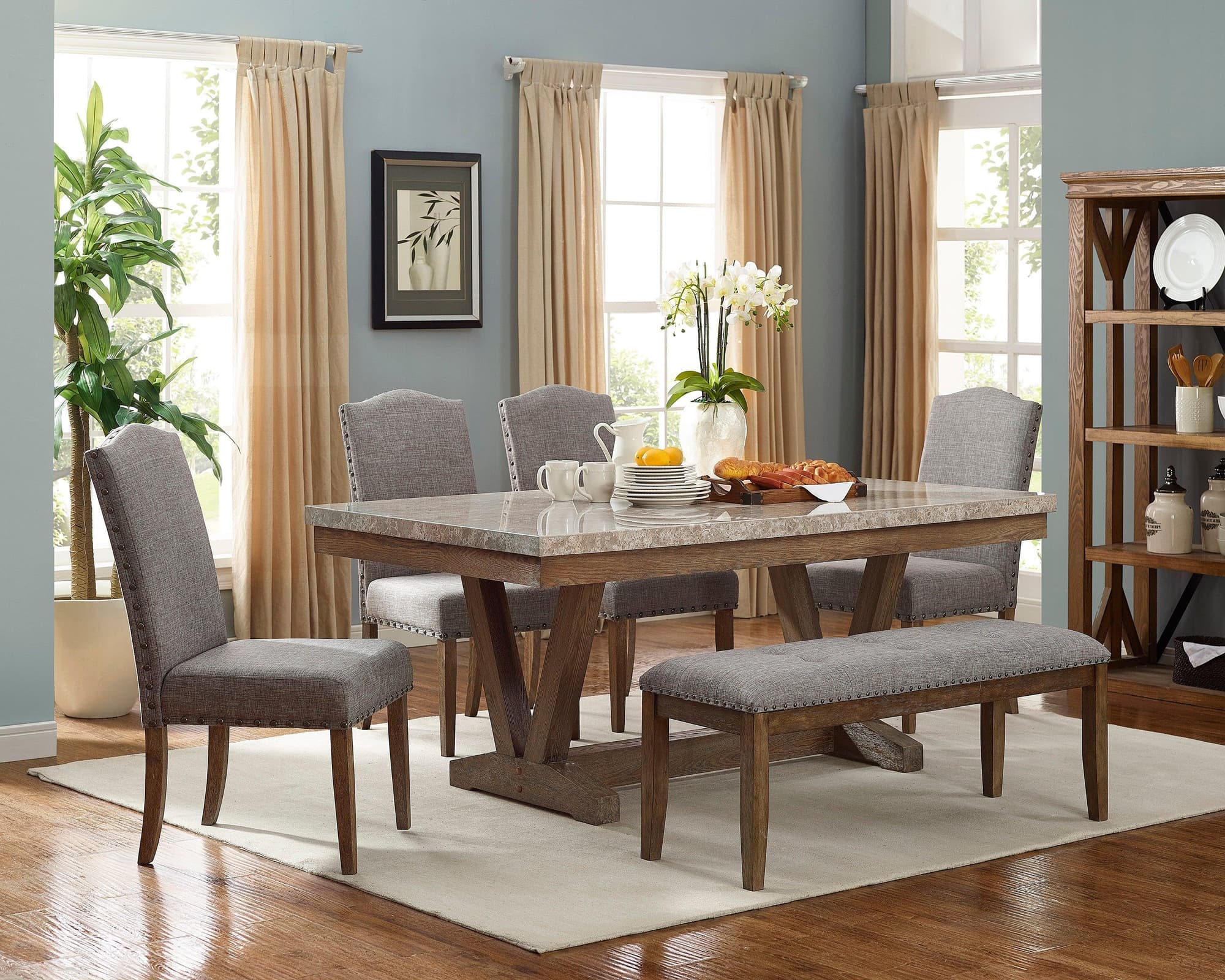 Vesper Brown Gray Marble Rectangular Dining Room Set - Image 1