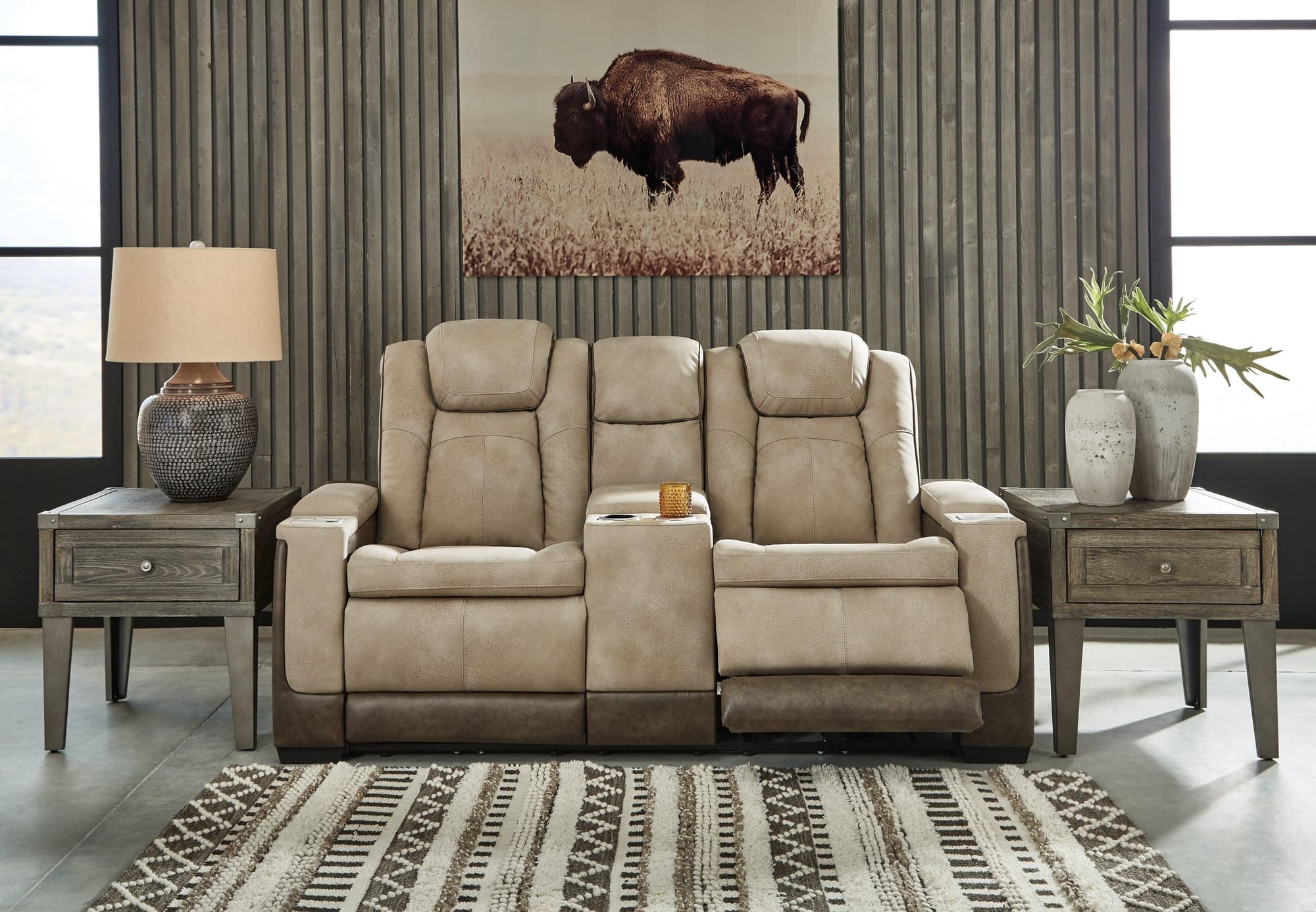 Next-Gen Durapella Sand Faux Leather Power Reclining Loveseat With Console - Image 1