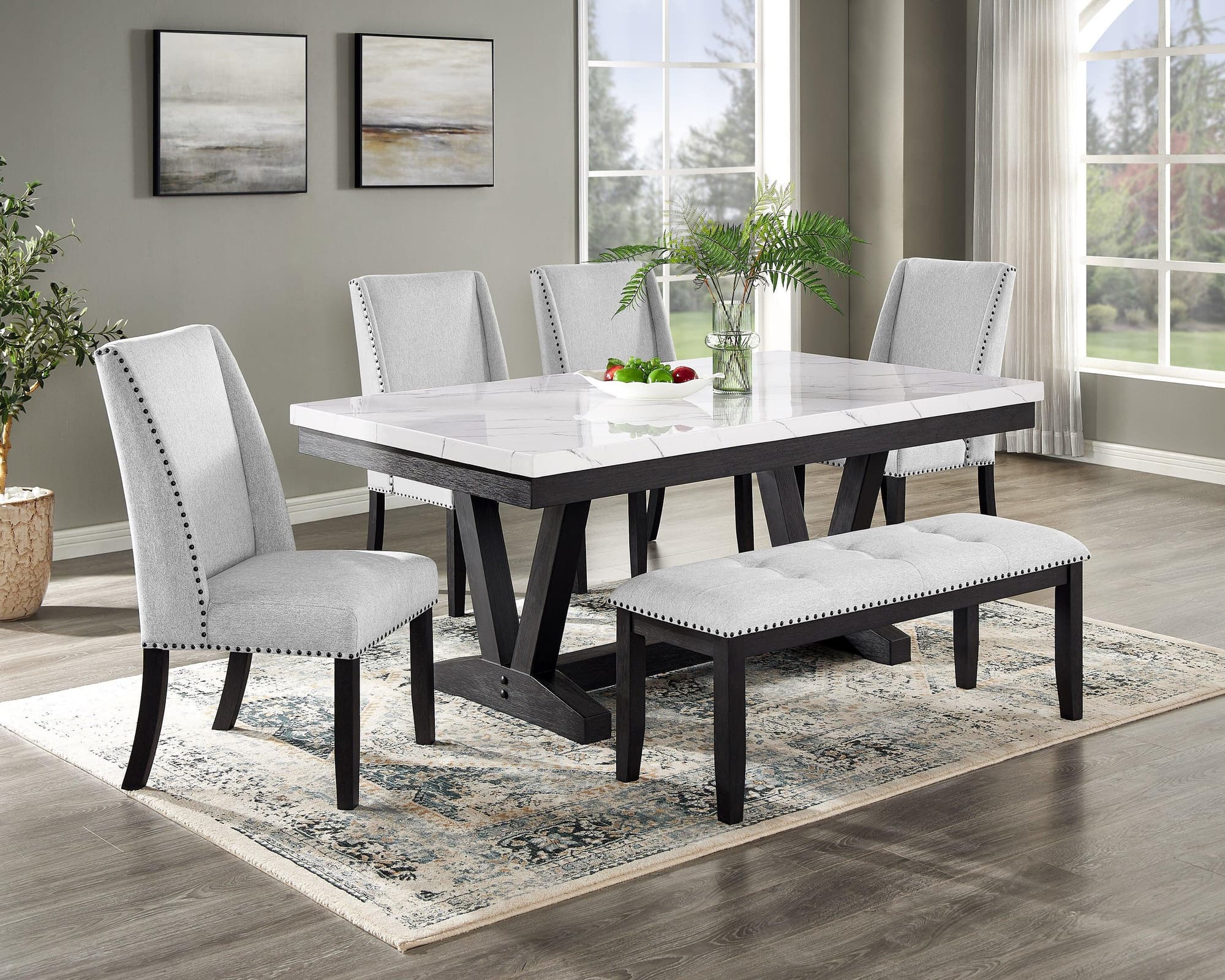 Vance Gray White Marble Top Fabric Upholstered Tufted Dining Room Set - Image 1