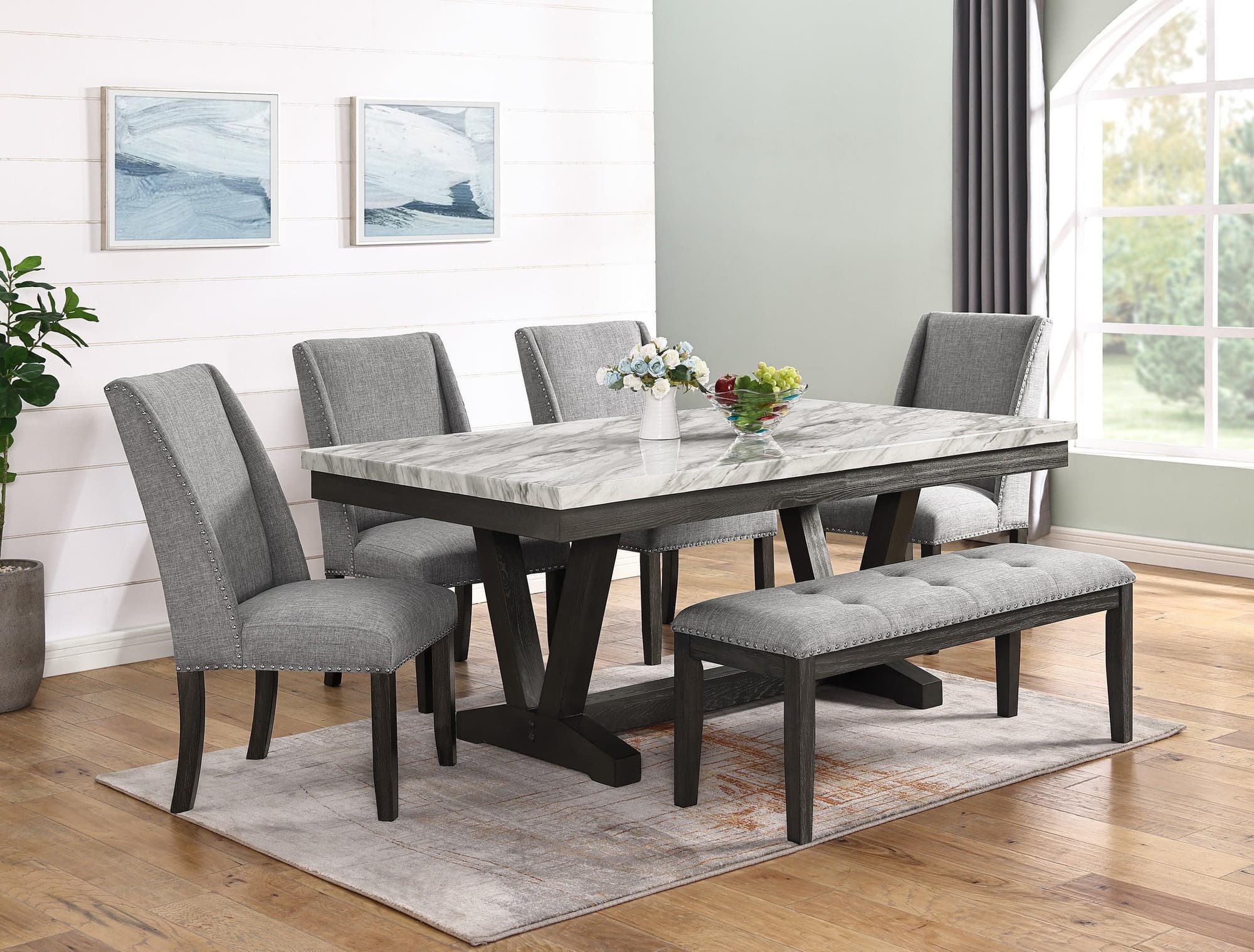 Vance White Gray Faux Marble Fabric Rectangular Dining Room Set - Image 1