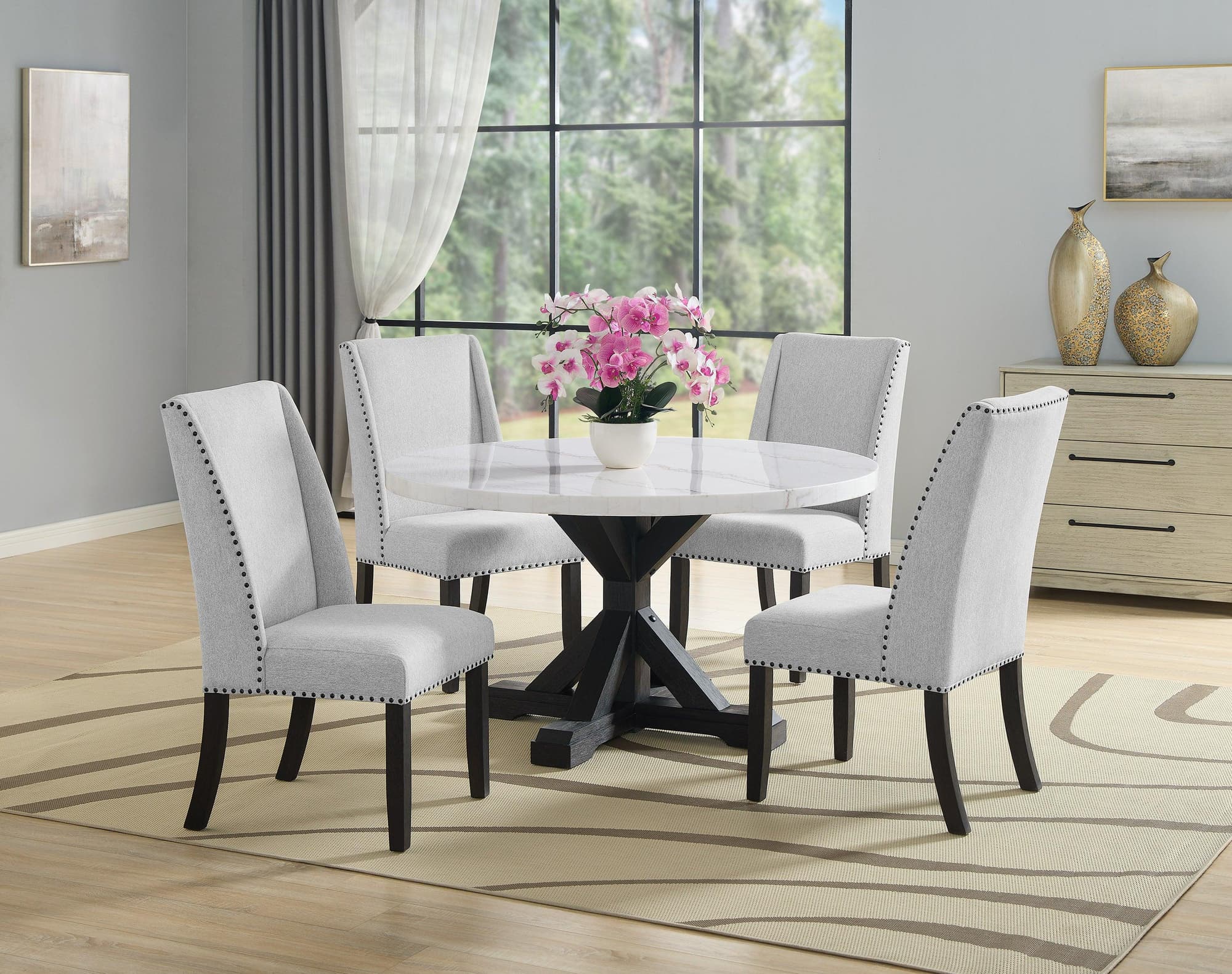 Varley Vance White Marble Top Fabric Upholstered Round Dining Room Set - Image 1
