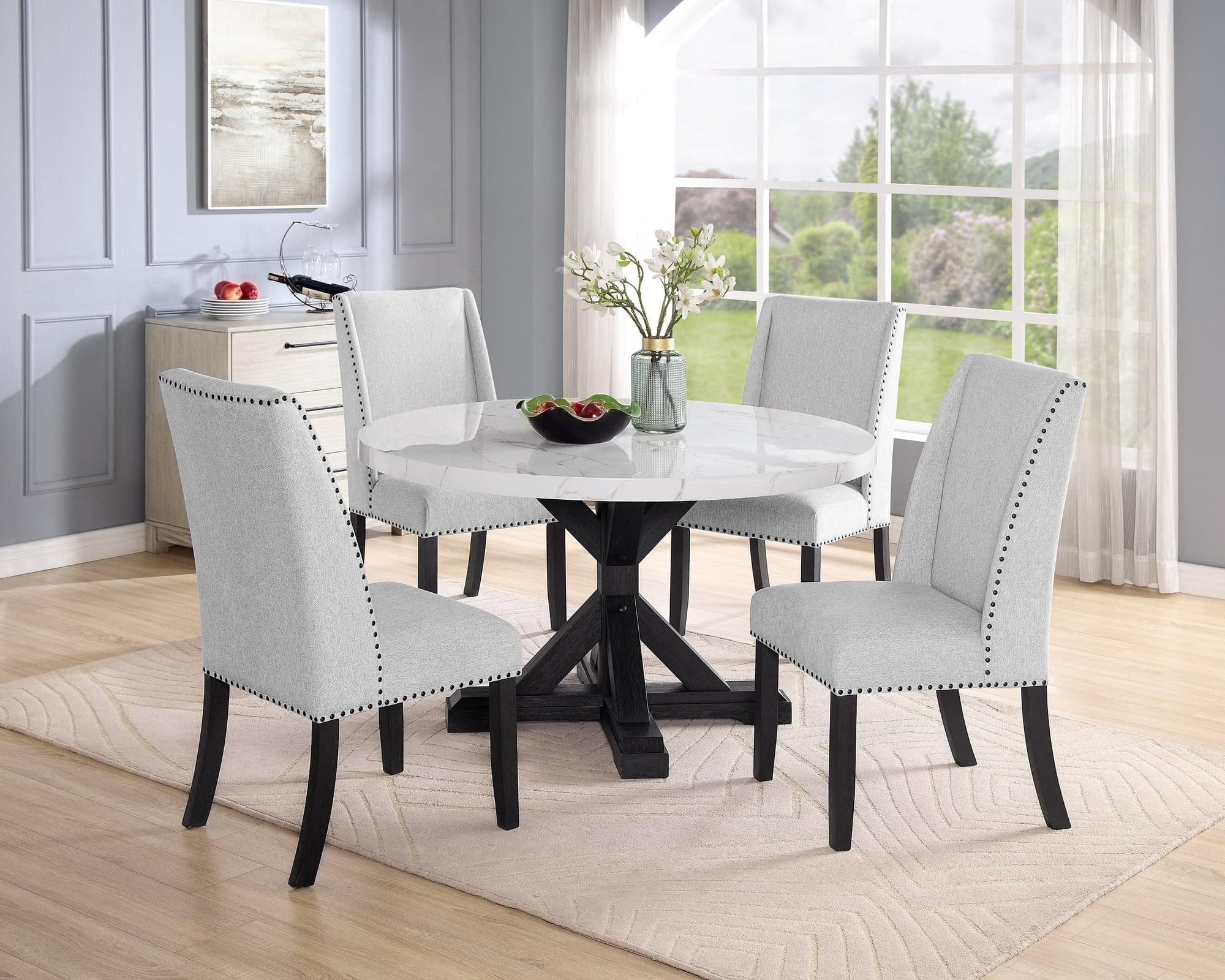 Vance Gray White Marble Top Fabric Upholstered Round Dining Room Set - Image 1