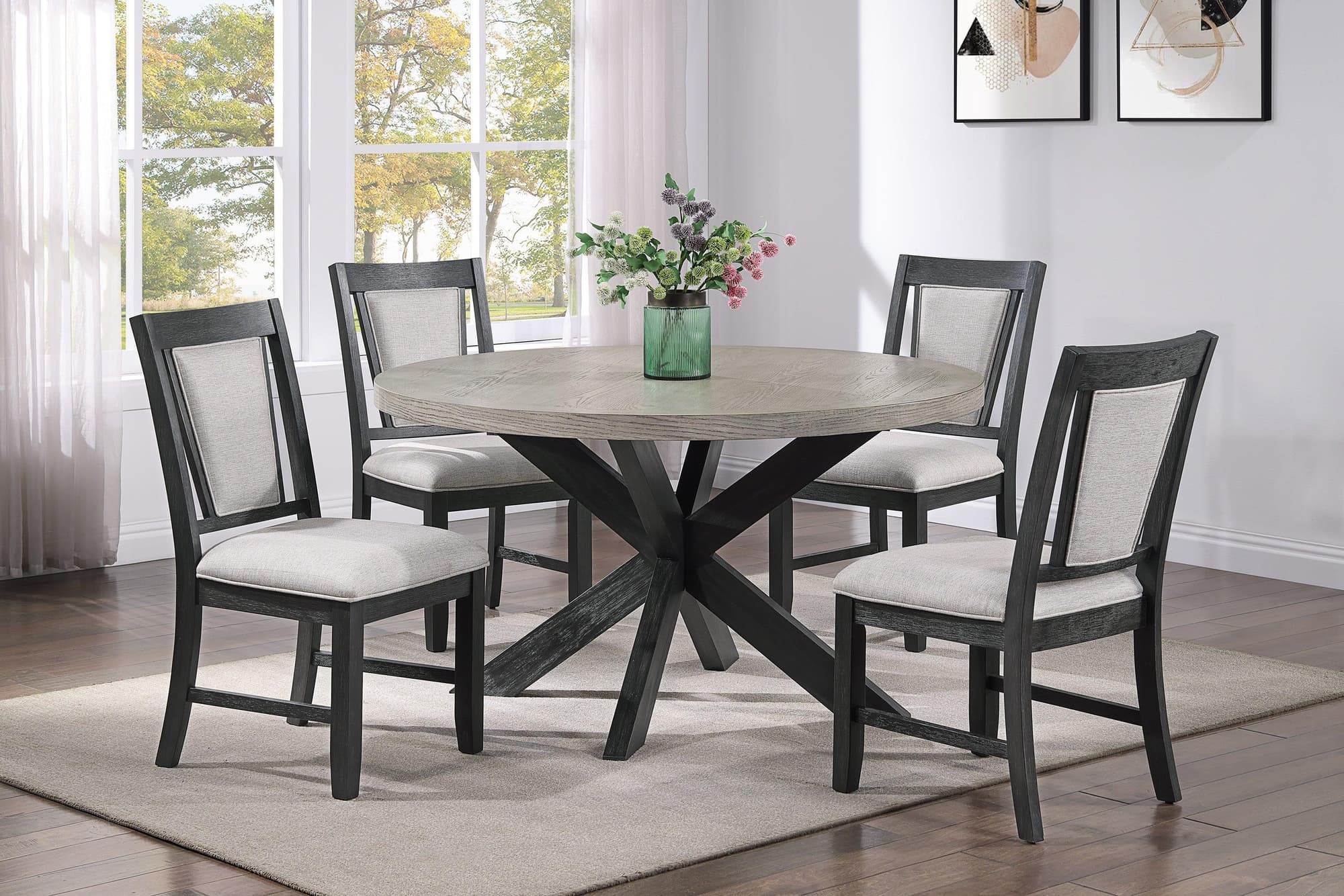 Stevens Gray Fabric Upholstered Round Dining Room Set - Image 1