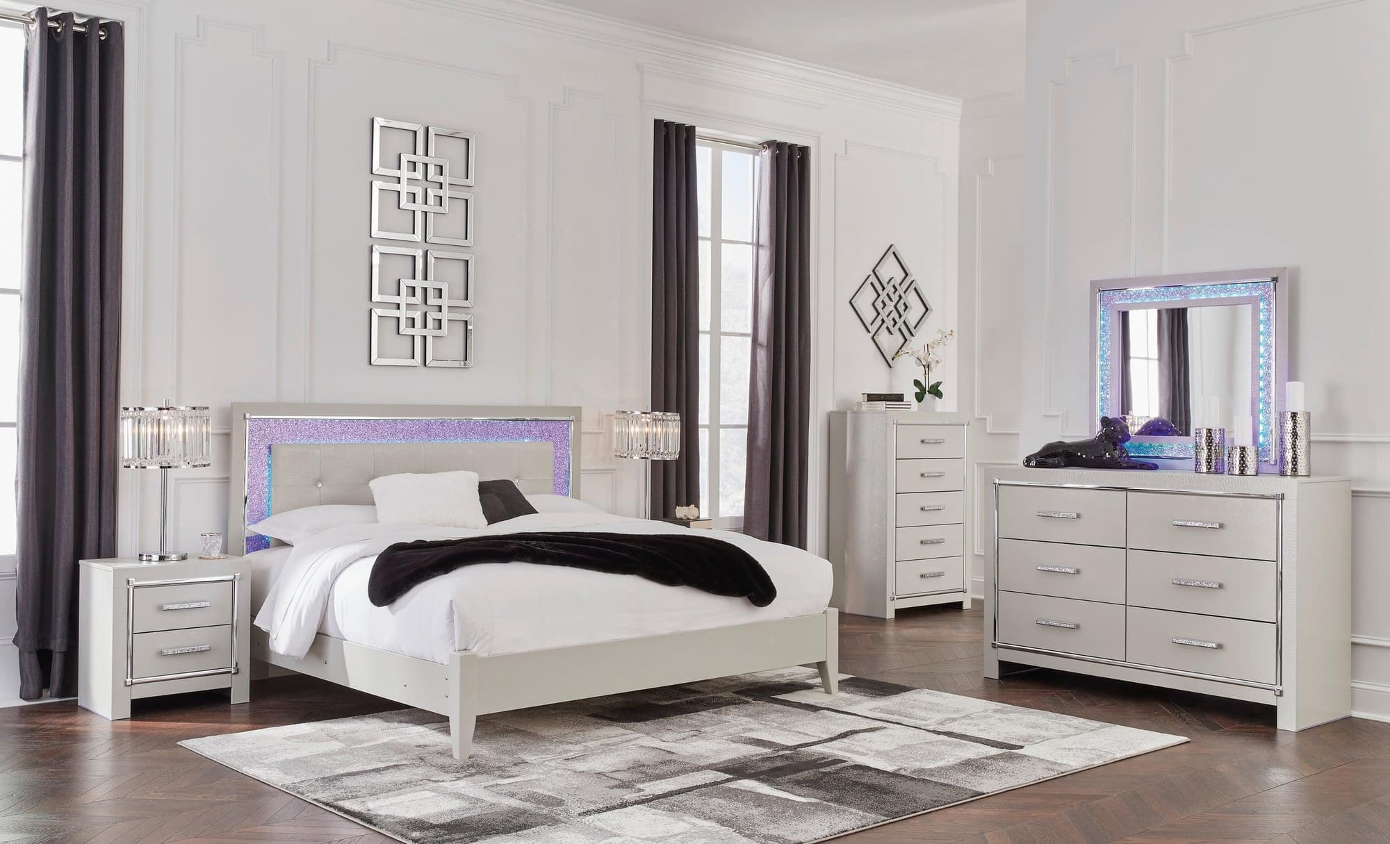 Zyniden Silver Upholstered LED Panel Bedroom Set - Image 1