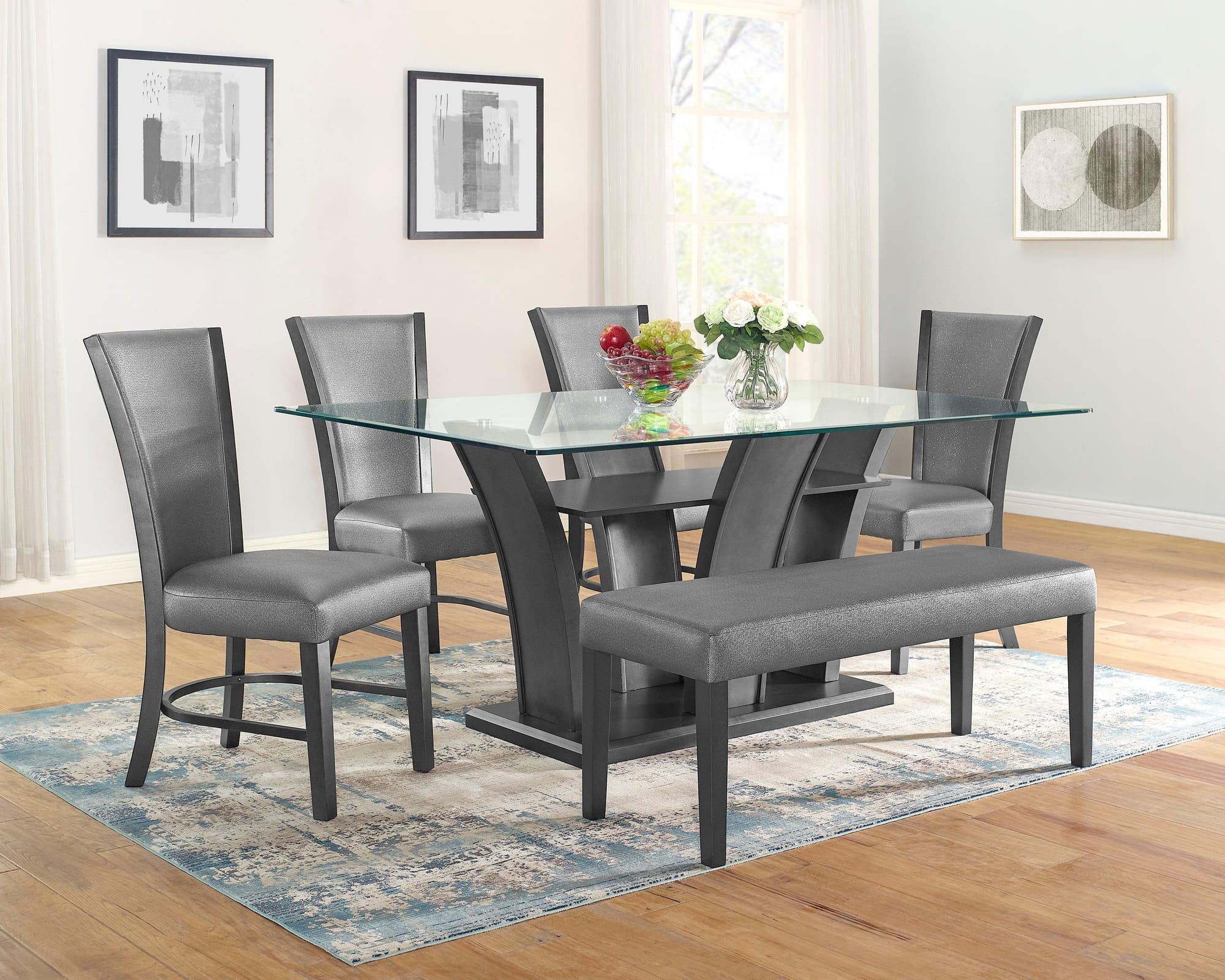 Camelia Gray Glass Faux Leather Dining Room Set - Image 1