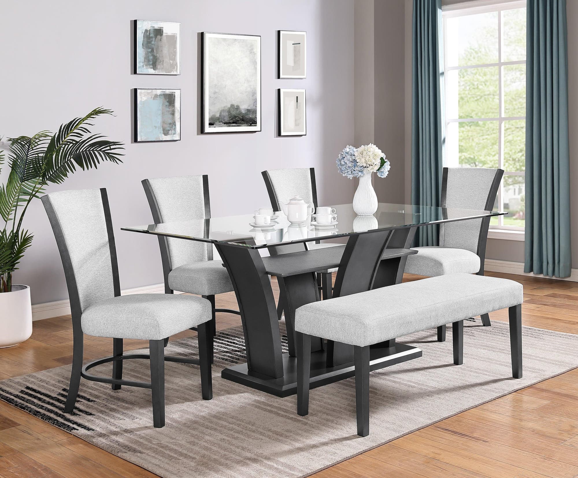 Camelia White Gray Glass Fabric Upholstered Dining Room Set - Image 1