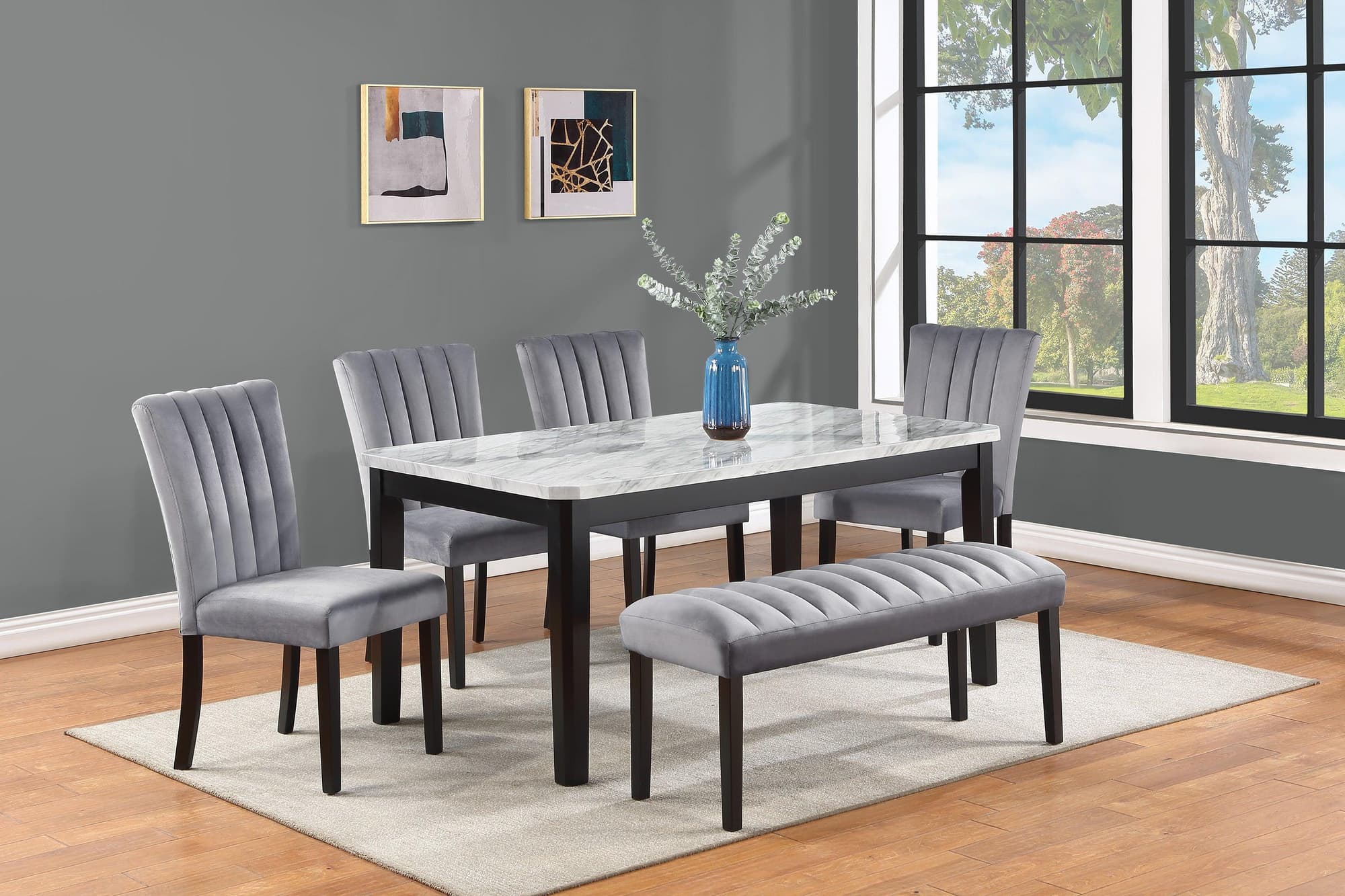 Pascal Gray Marble Faux Rectangular Dining Room Set - Image 1