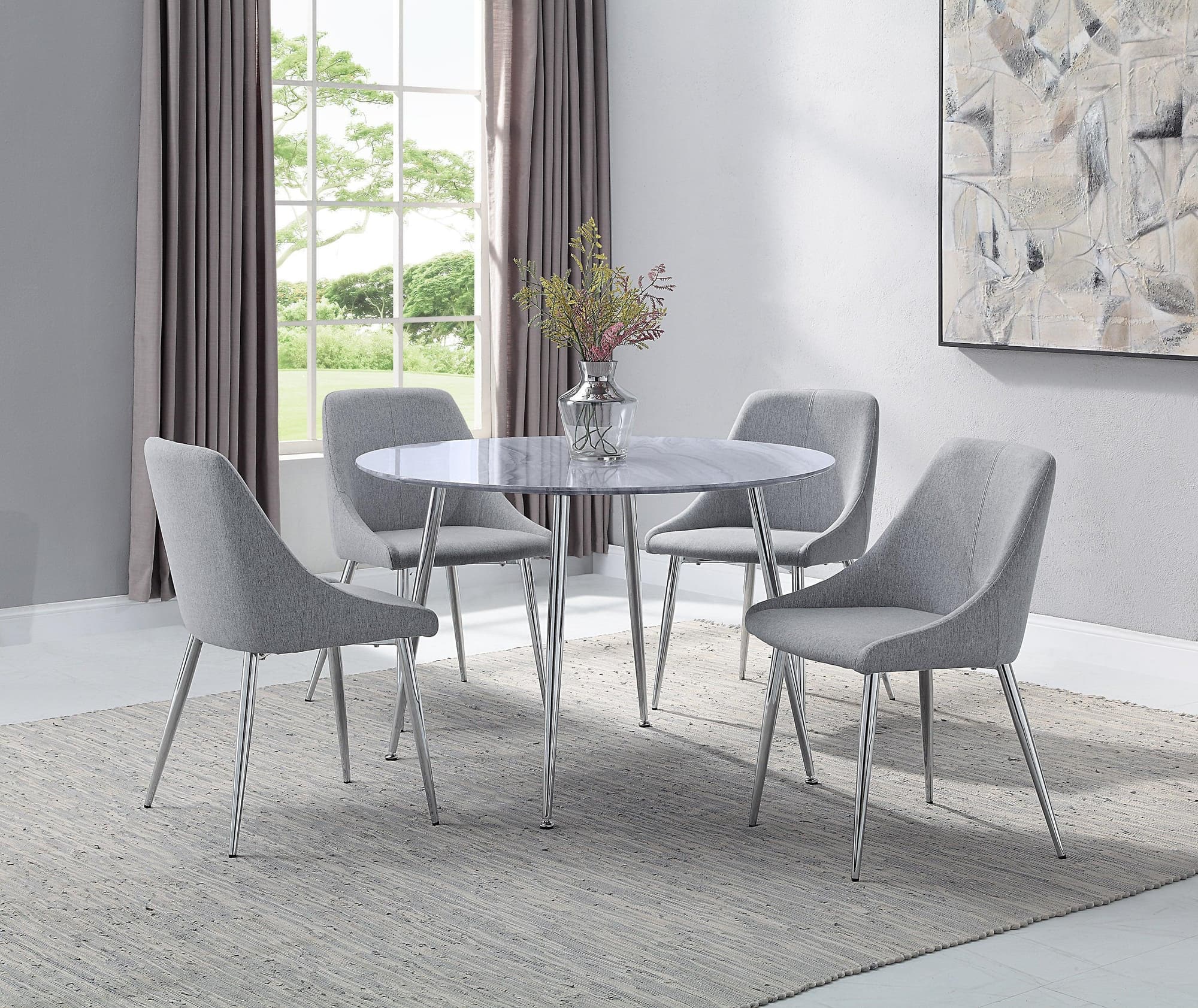 Tola Silver Faux Marble Fabric Round Dining Room Set - Image 1