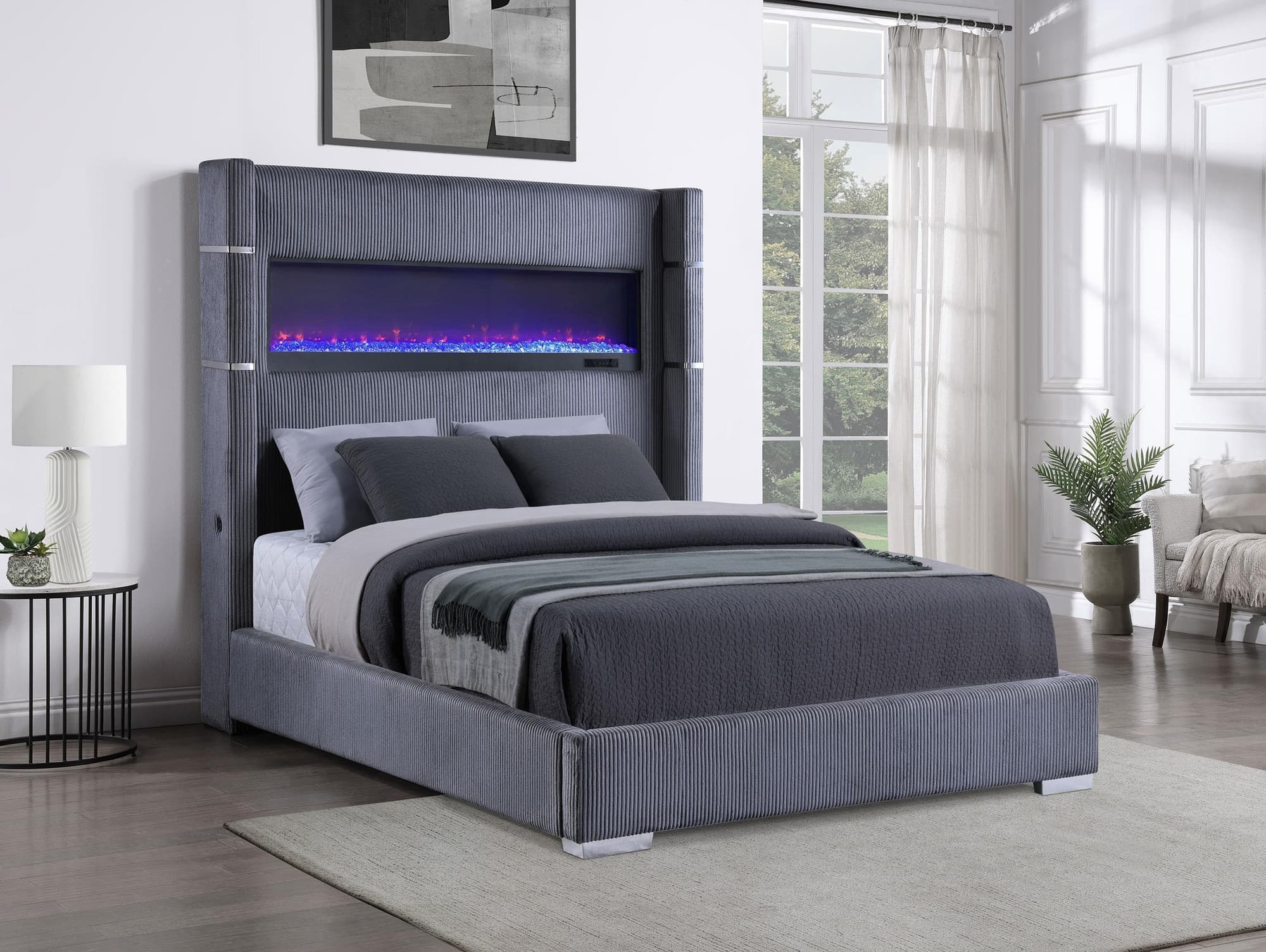 Tisdall 67-inch Upholstered Eastern King Fireplace Bed Grey - Image 1
