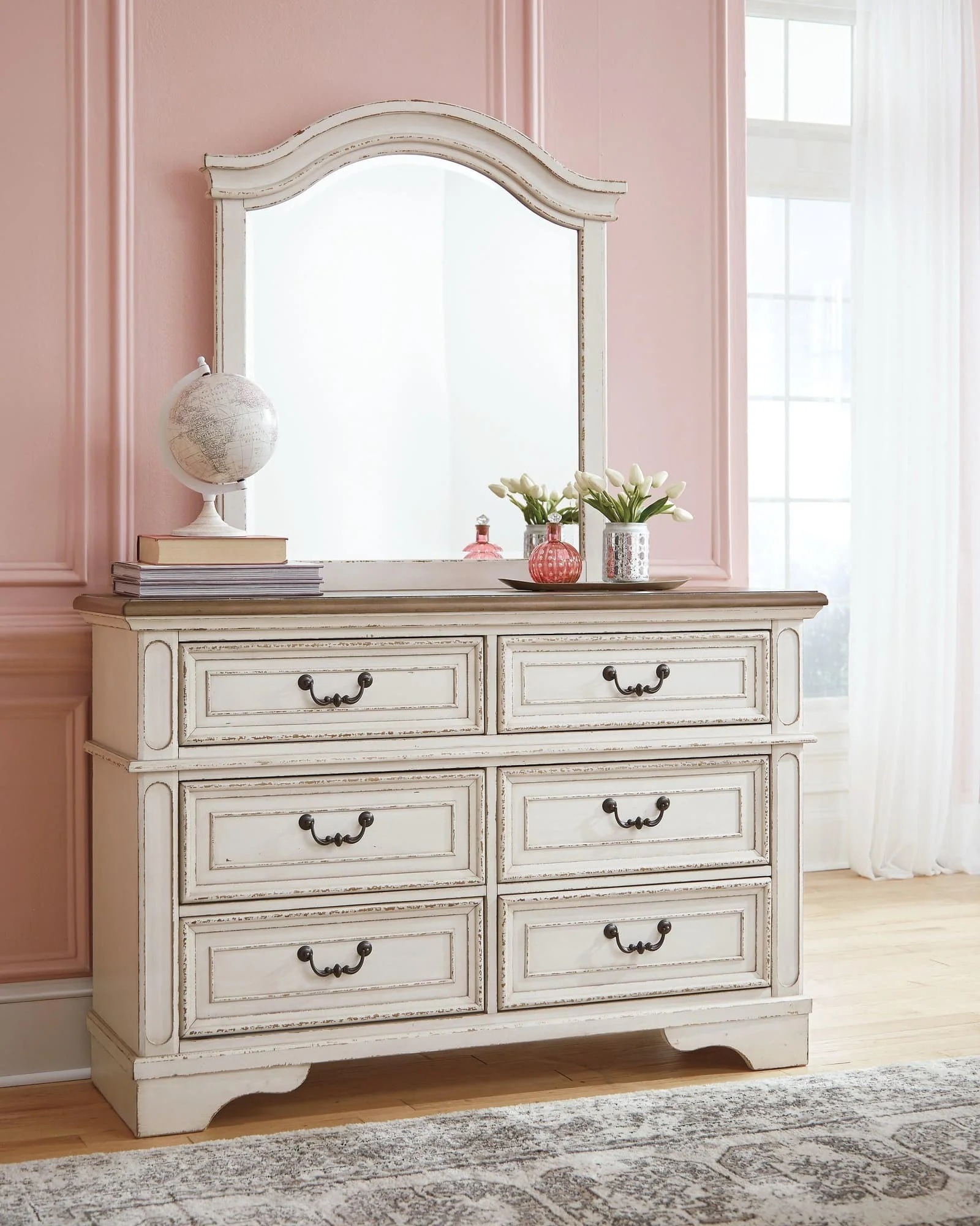 Realyn Chipped White Dresser And Mirror - Image 1