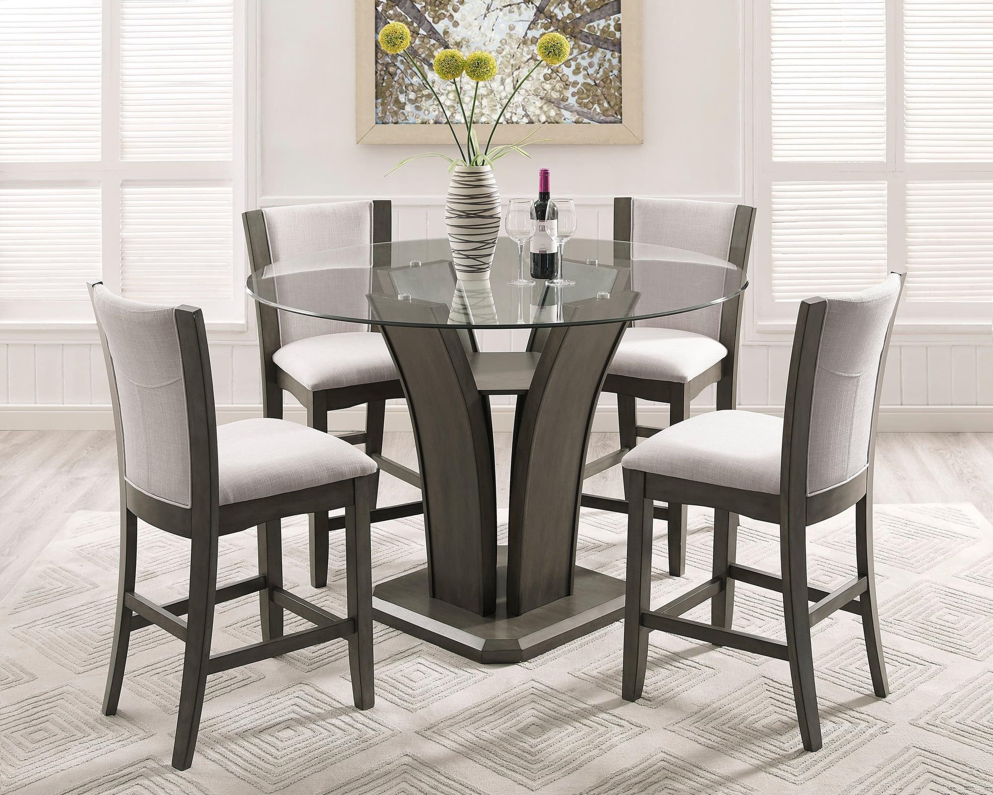 Camelia Gray Fabric Round Glass Top Counter Height Set - Image 1